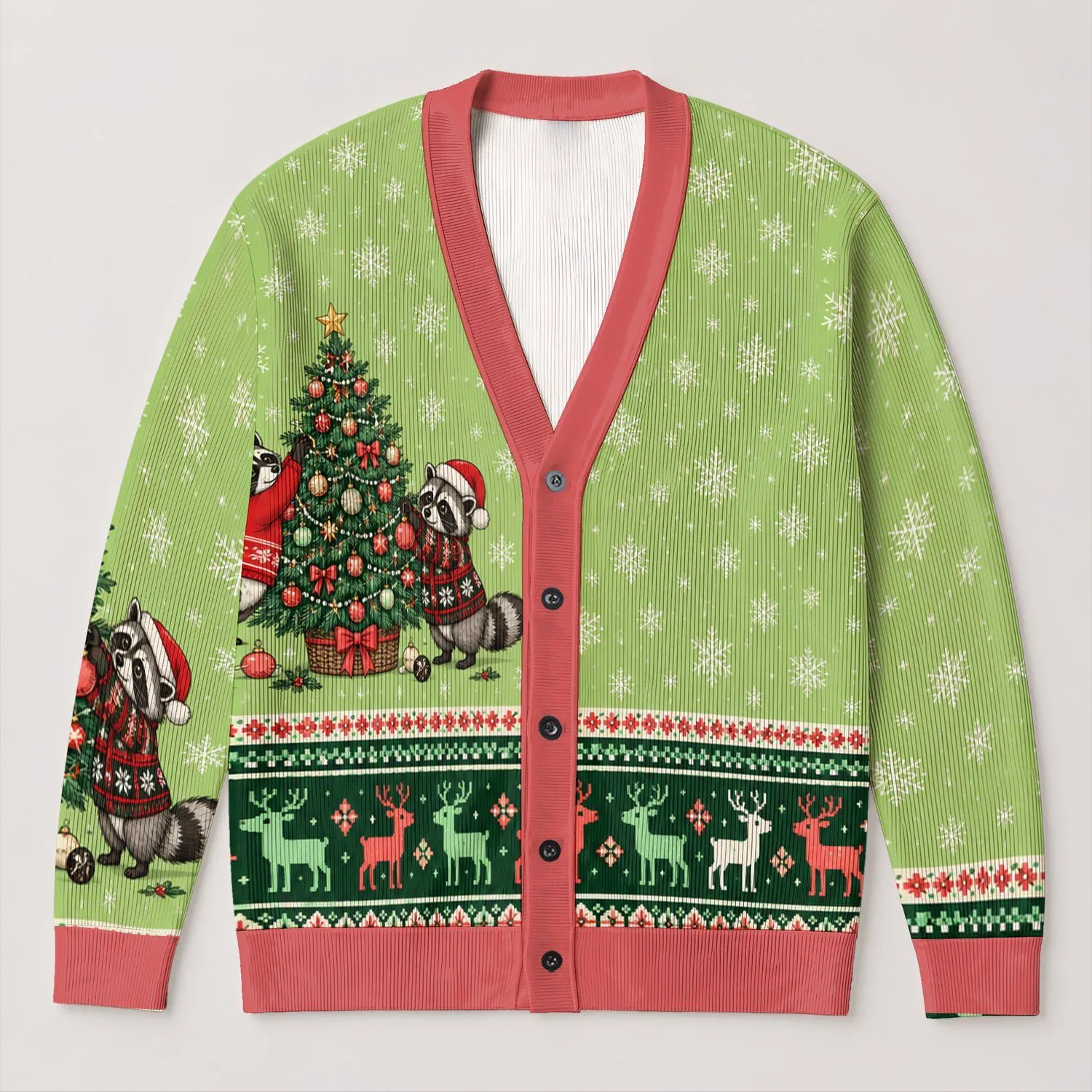 Playful Raccoons Decorating a Christmas Tree for Cozy Snowy Holiday Style for Teens All-over Print Knitted Cardigan - 1