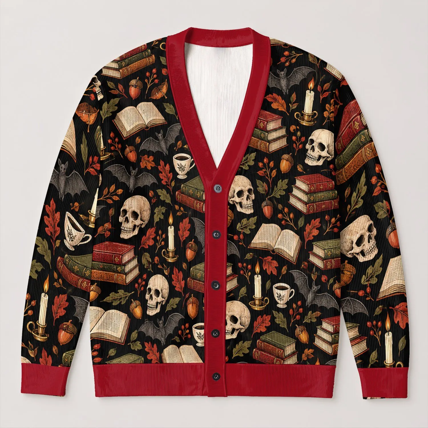 Gothic Skull And Book Motifs For Halloween Parties And Cozy Autumn Days For Teens All-over Print Knitted Cardigan - 1
