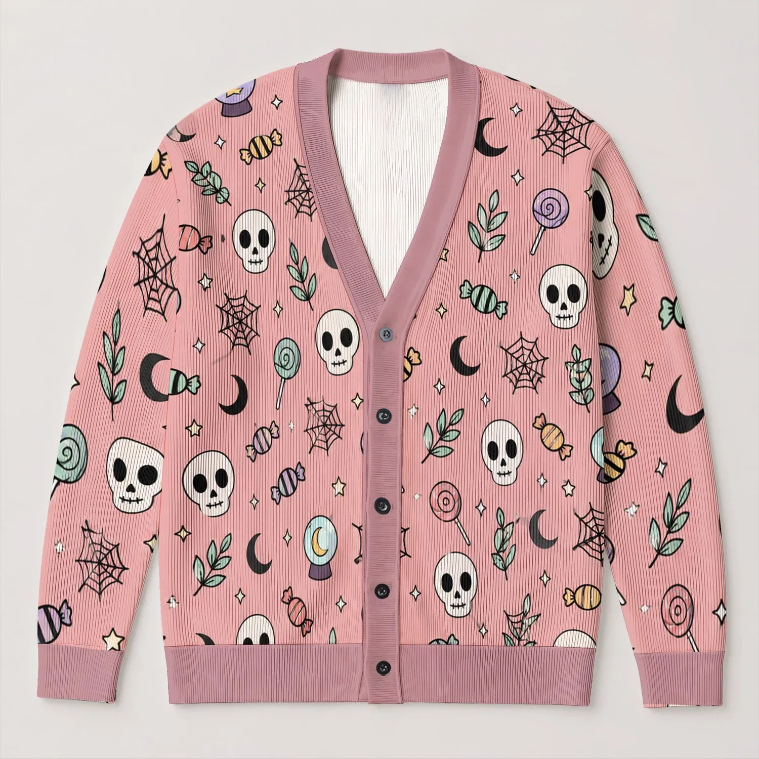 Pastel Halloween Skulls, Moons and Candy for Cozy Autumn Everyday Style for Women All-over Print Knitted Cardigan - 1