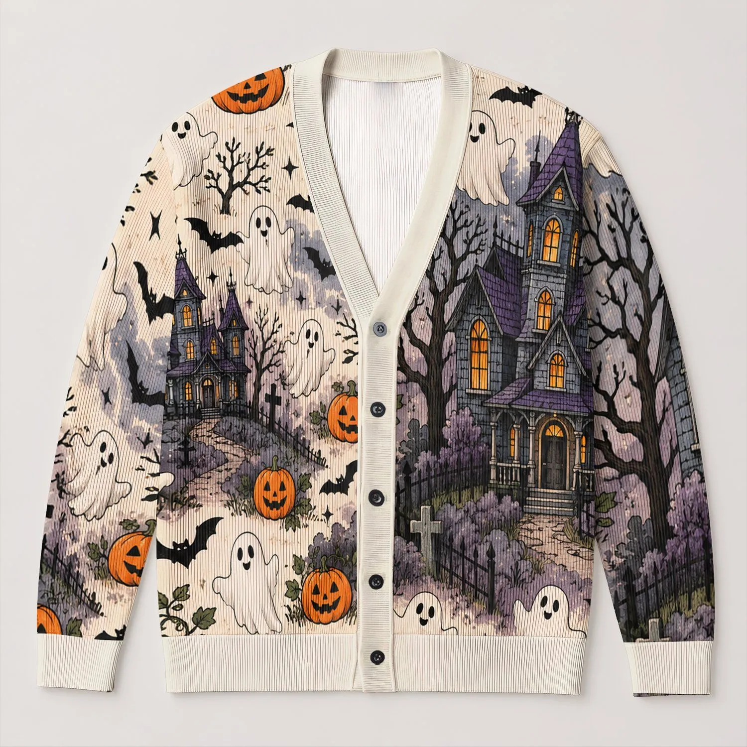 Ghosts, Bats And Jack-O’-Lanterns For Spooky Autumn Halloween Fun All-over Print Knitted Cardigan - 1
