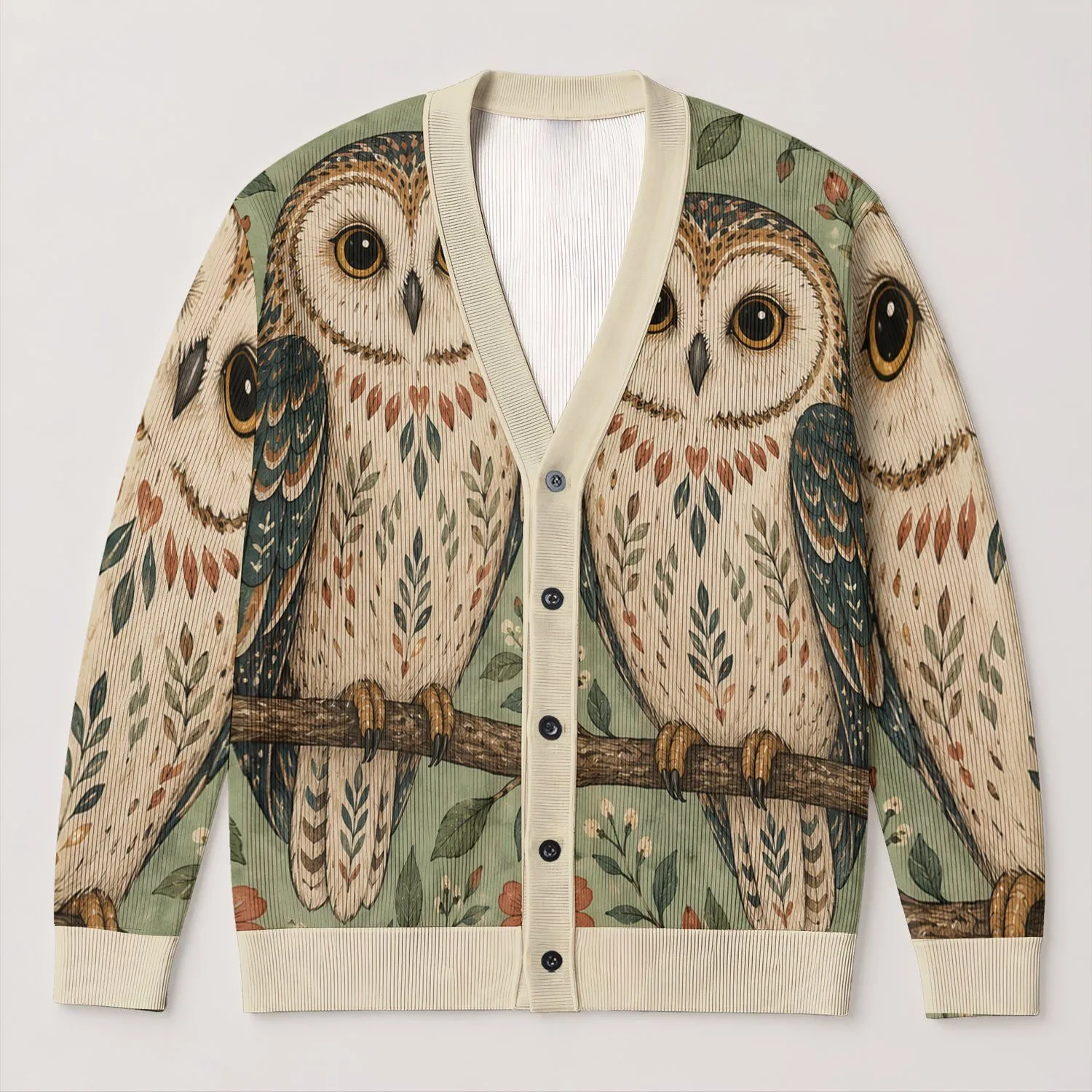 Sage Owl Pair and Botanical Vines for Cozy Woodland Days and Nature-Loving Women All-over Print Knitted Cardigan - 1