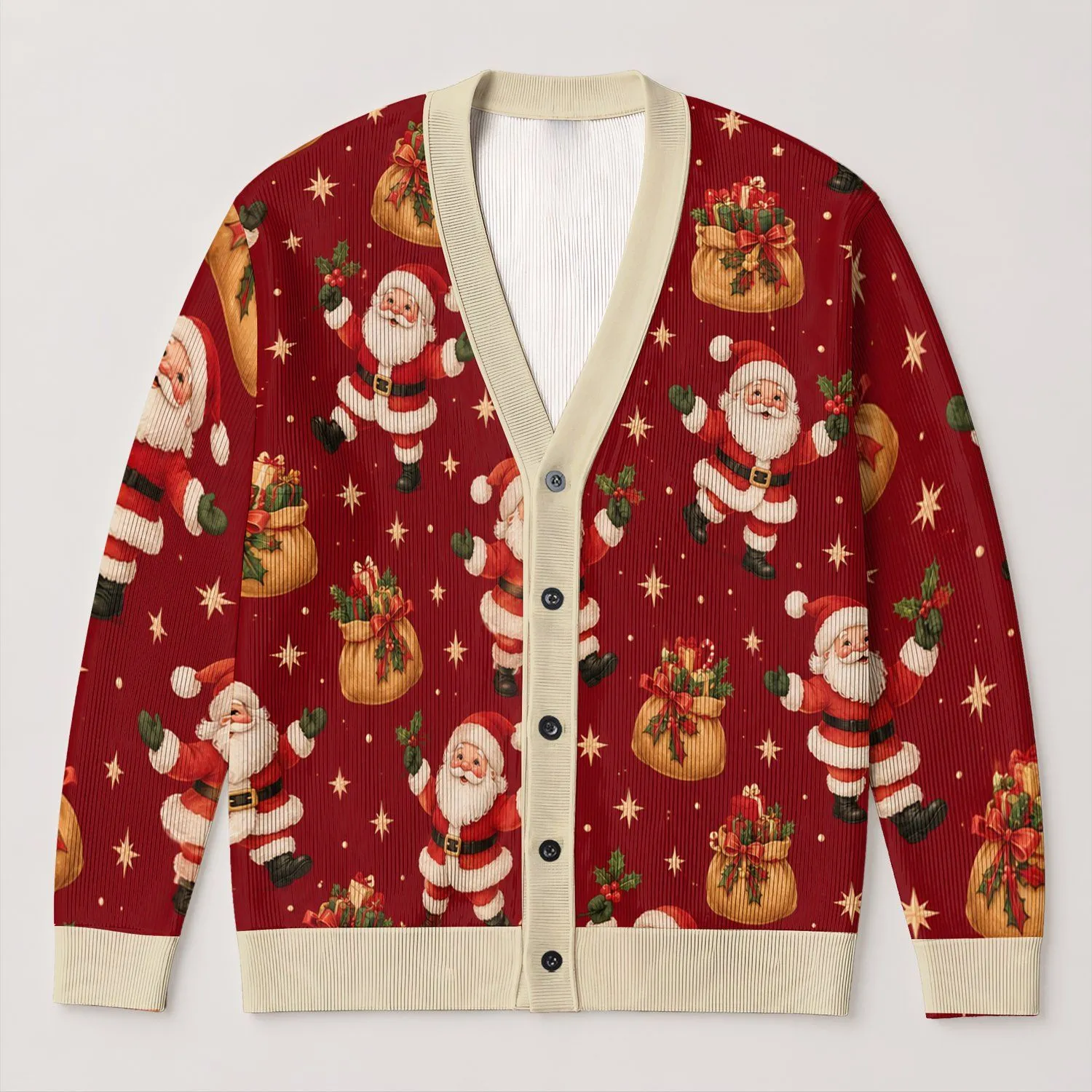 Santa And Gift Sack Holiday Motifs For Cozy Christmas Season Layering All-over Print Knitted Cardigan - 1