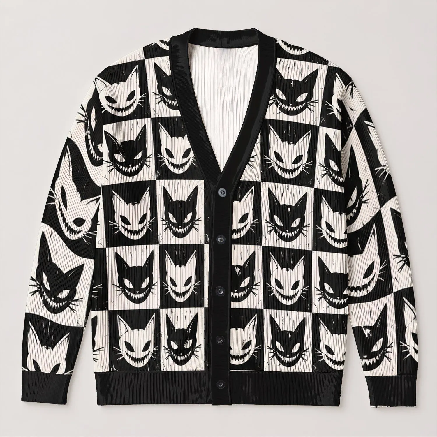 Halloween Black And White Grinning Cat Faces For Spooky Everyday Layering For Teens All-over Print Knitted Cardigan - 1