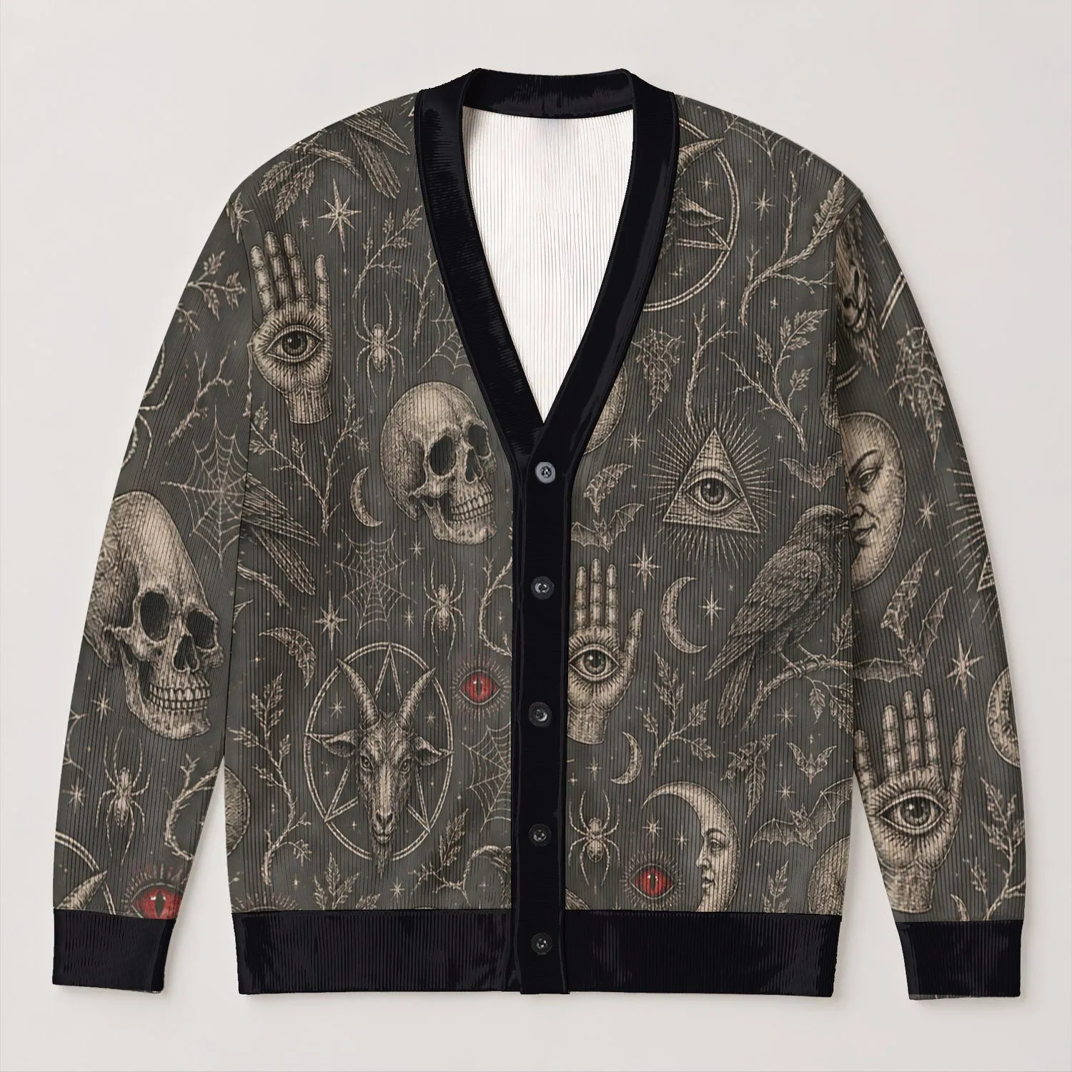 Occult Skull And Raven Motifs For Halloween Nights And Dark Gothic Style For Teens All-over Print Knitted Cardigan - 1