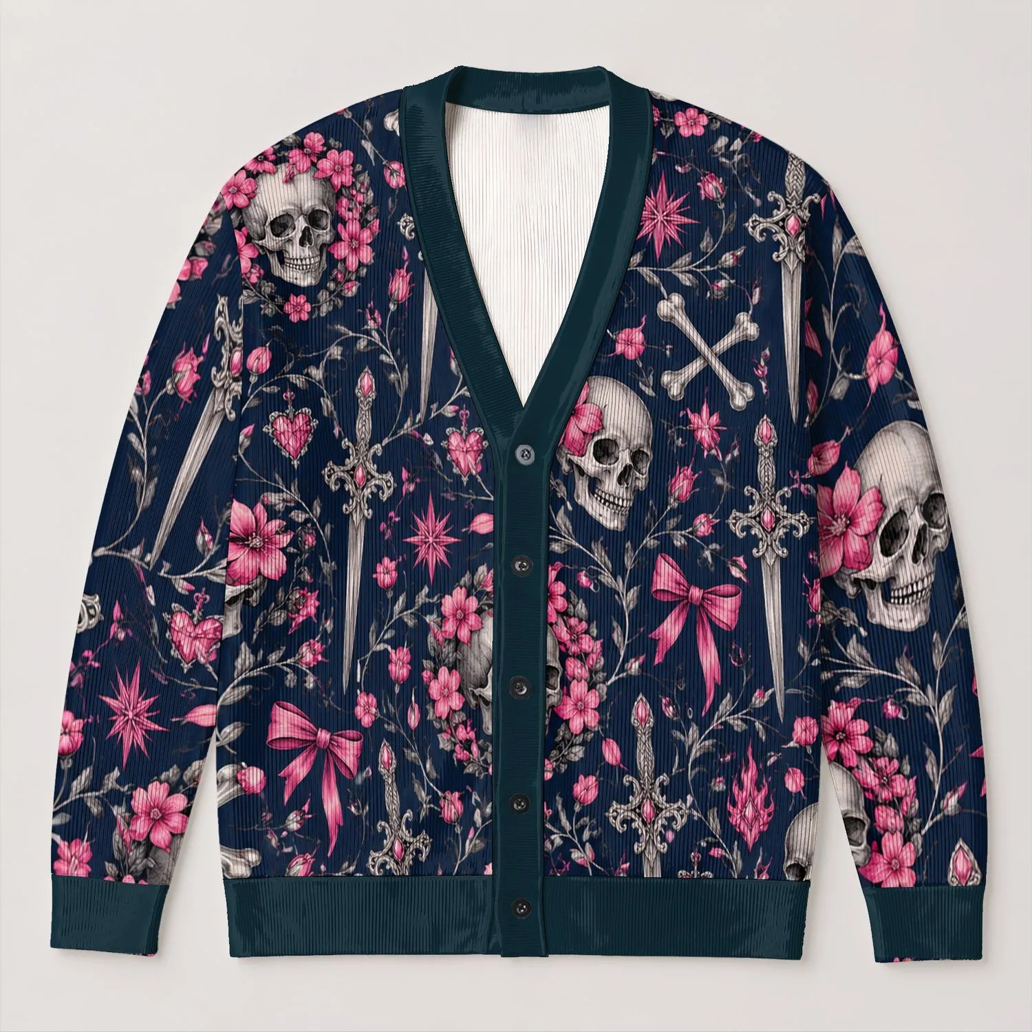 Pink Bow Skull and Gothic Sword Motifs for Halloween Style and Dark Romance All-over Print Knitted Cardigan - 1