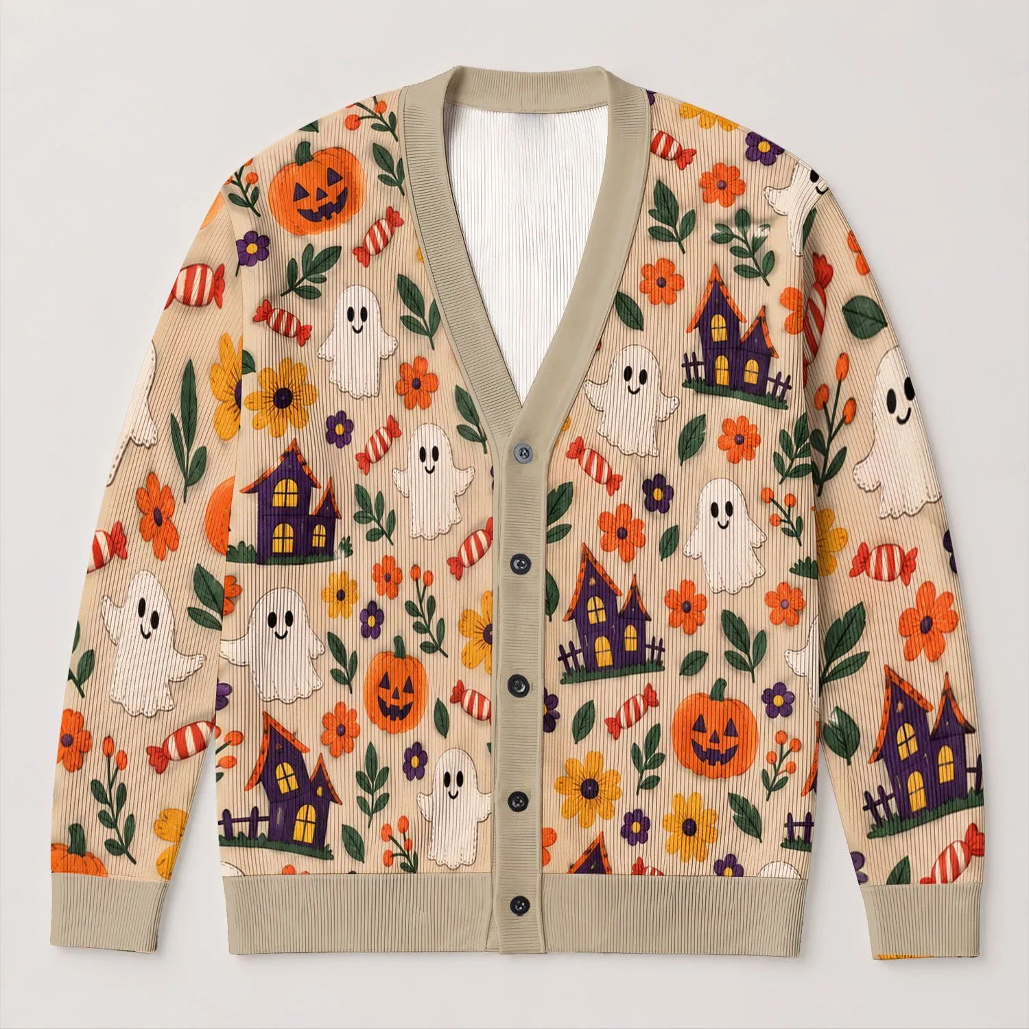Playful Halloween Ghosts, Pumpkins and Candy for Cozy Autumn Celebrations and Fall Gatherings All-over Print Knitted Cardigan - 1