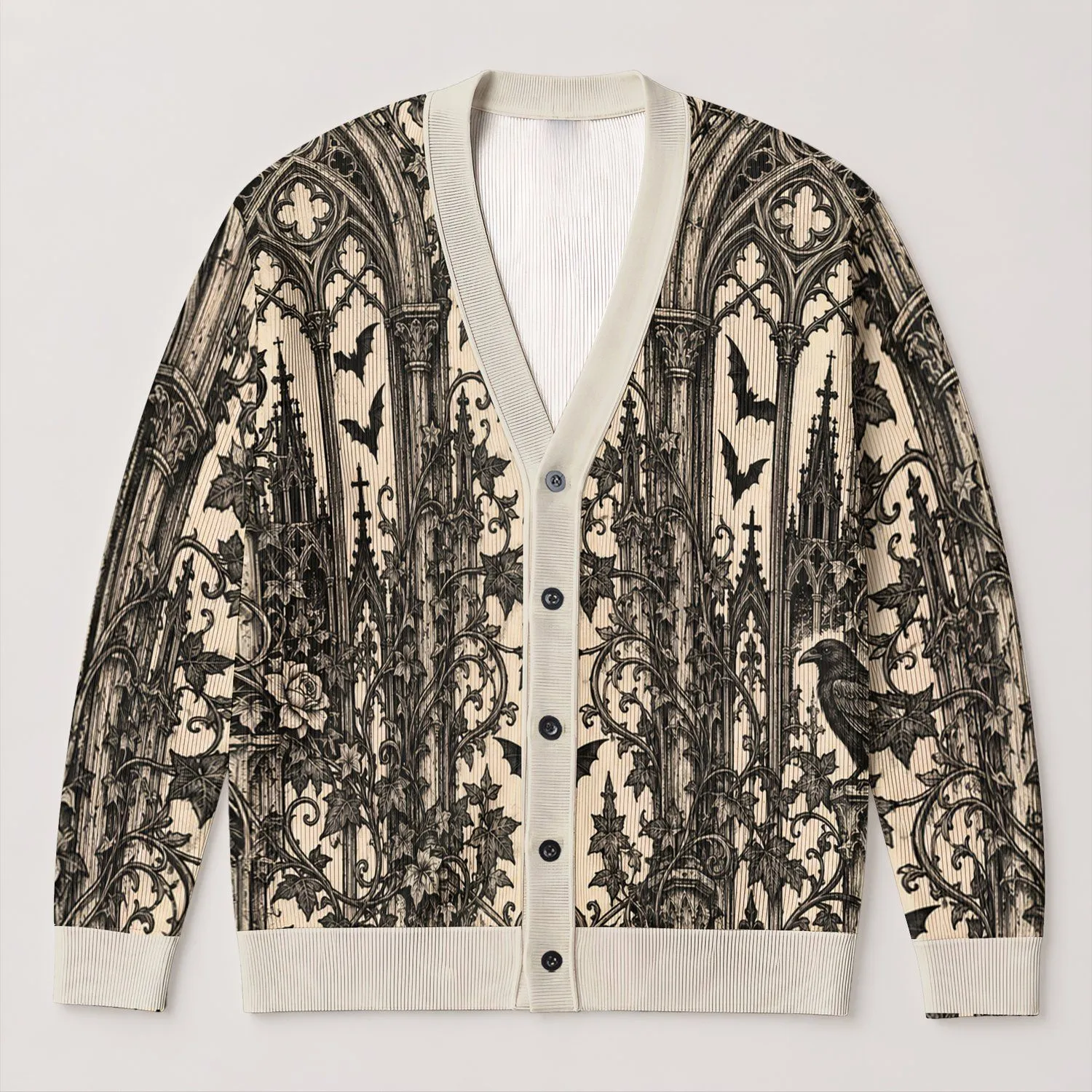 Gothic Cathedral Vines, Bats and Raven Motifs for Dark Academia Autumn Layering All-over Print Knitted Cardigan - 1