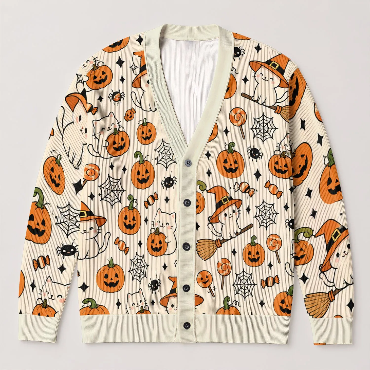 Halloween Cats, Pumpkins And Spiders For Cozy Autumn Everyday Style All-over Print Knitted Cardigan - 1