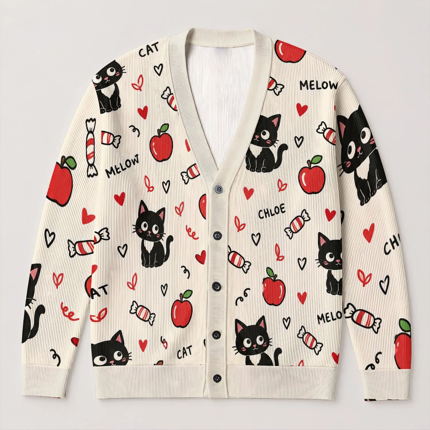 Cute Black Cat, Red Apples and Hearts for Cozy Autumn Everyday Layering Style All-over Print Knitted Cardigan - 1