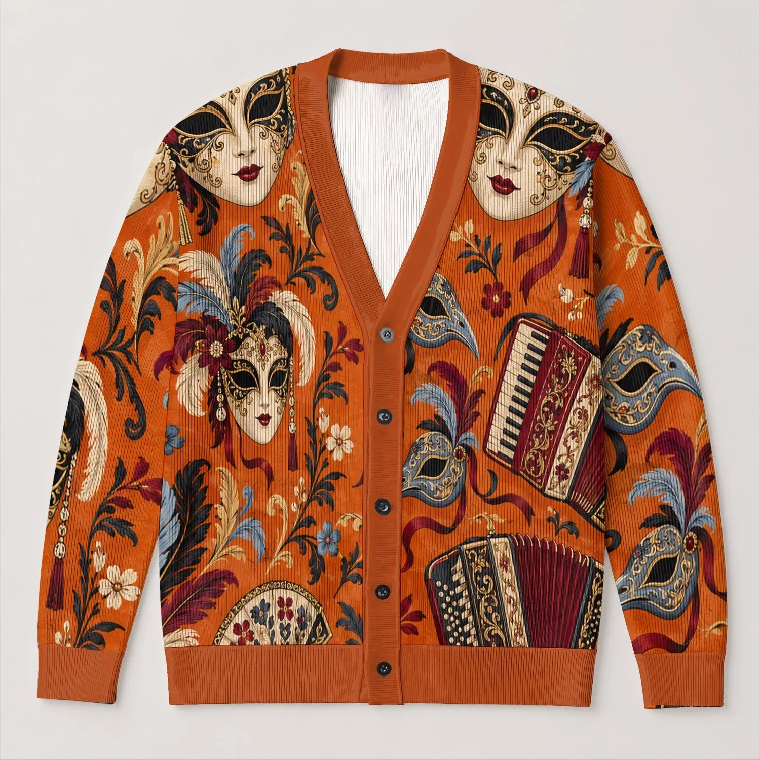 Venetian Masquerade Masks And Accordions For Festive Autumn Evening Outings All-over Print Knitted Cardigan - 1