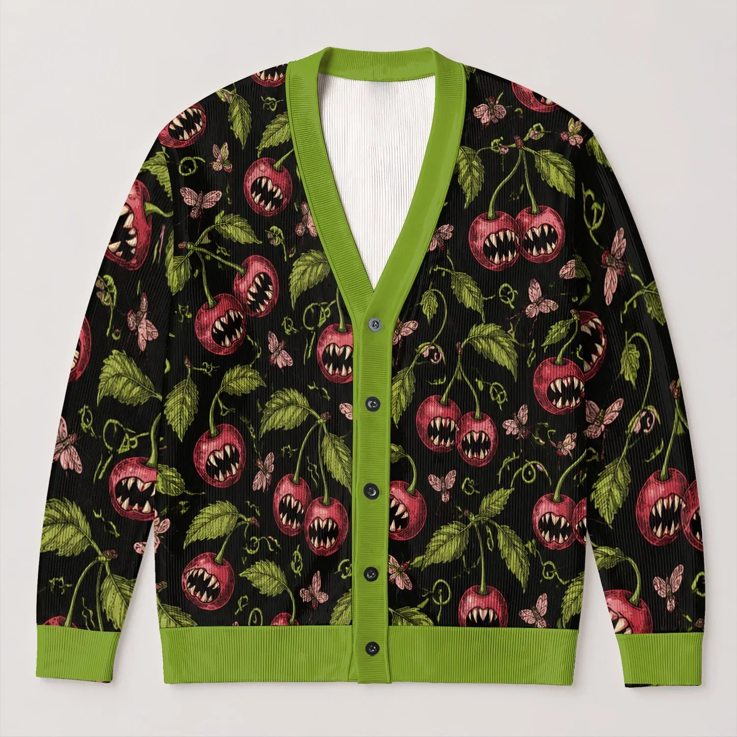 Creepy Toothy Cherries for Halloween Fall Layering and Spooky Everyday Style All-over Print Knitted Cardigan - 1