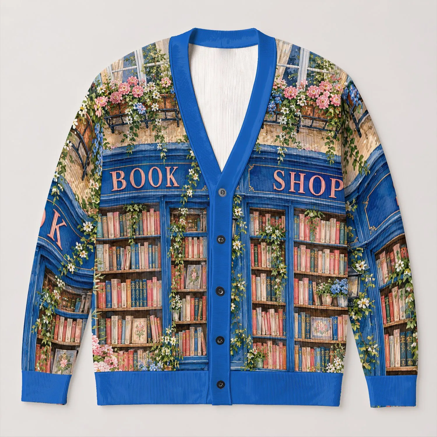 Parisian Bookshop Cherry Blossoms for Cozy Campus Days and Weekend Reading Escapes All-over Print Knitted Cardigan - 1