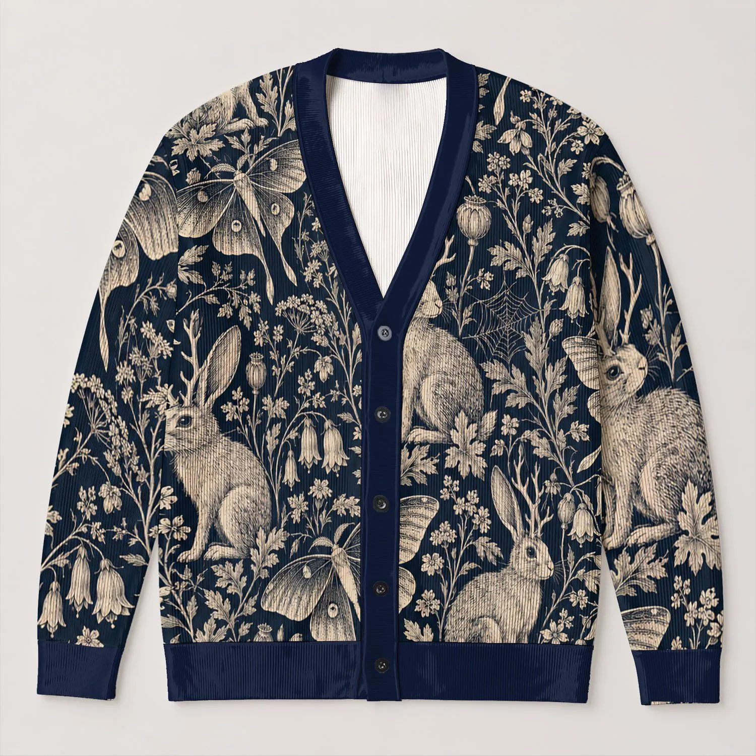 Jackalope Moths and Moonlit Botanicals for Dark Cottagecore Autumn Layering Style All-over Print Knitted Cardigan - 1