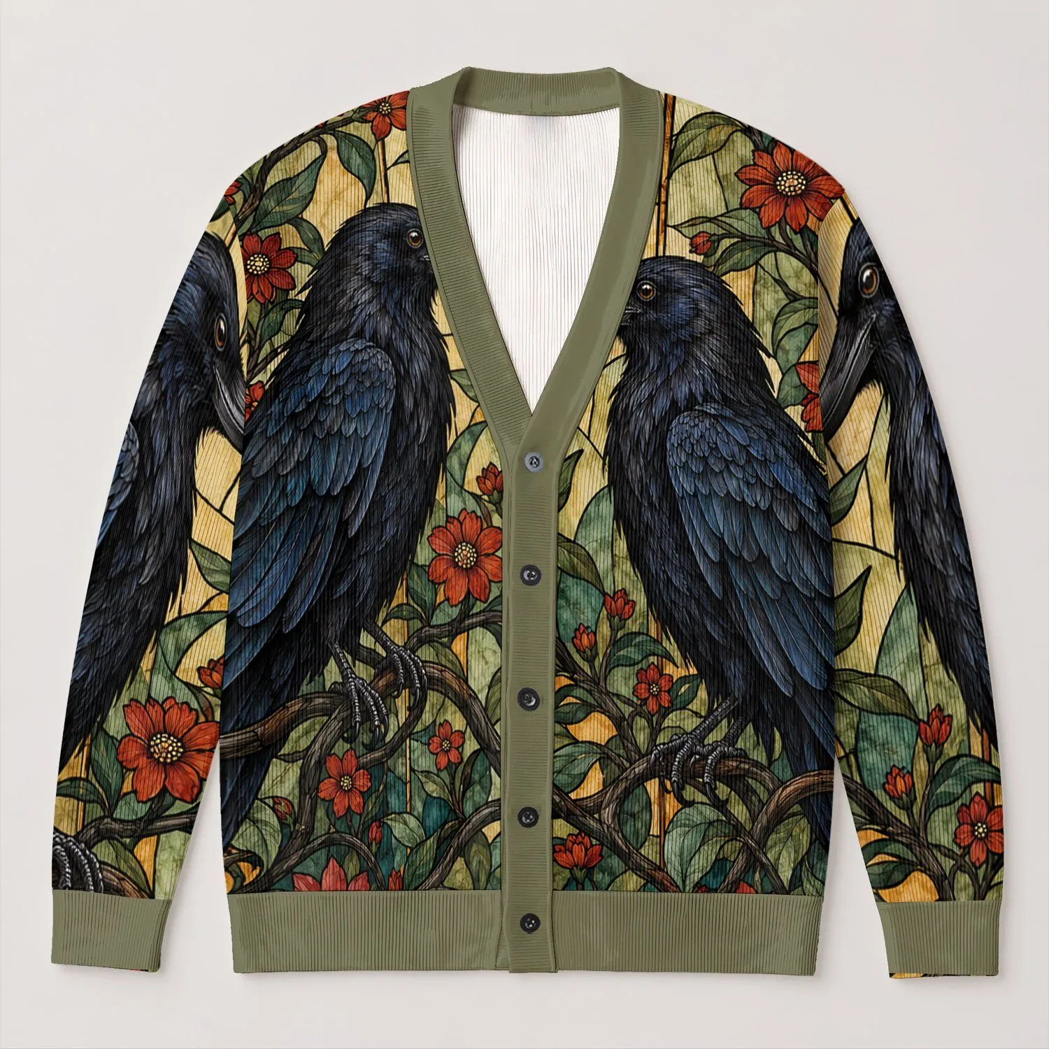 Gothic Raven Stained Glass Florals for Halloween and Autumn Layering All-over Print Knitted Cardigan - 1
