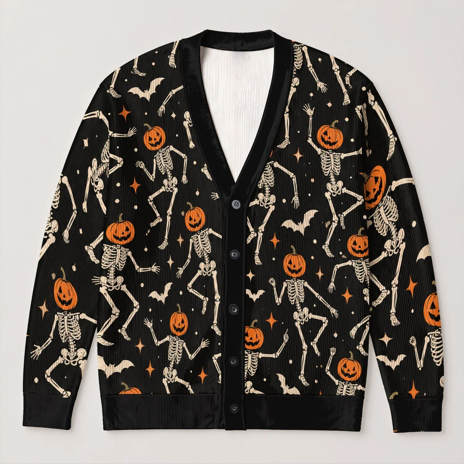 Dancing Skeletons and Jack-O'-Lanterns for Halloween Parties and Autumn Nights All-over Print Knitted Cardigan - 1