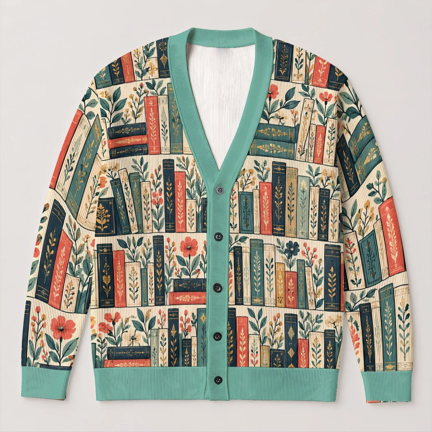 Vintage Book Stack Botanicals for Cozy Library Days and Autumn Reading, Teen Girls All-over Print Knitted Cardigan - 1