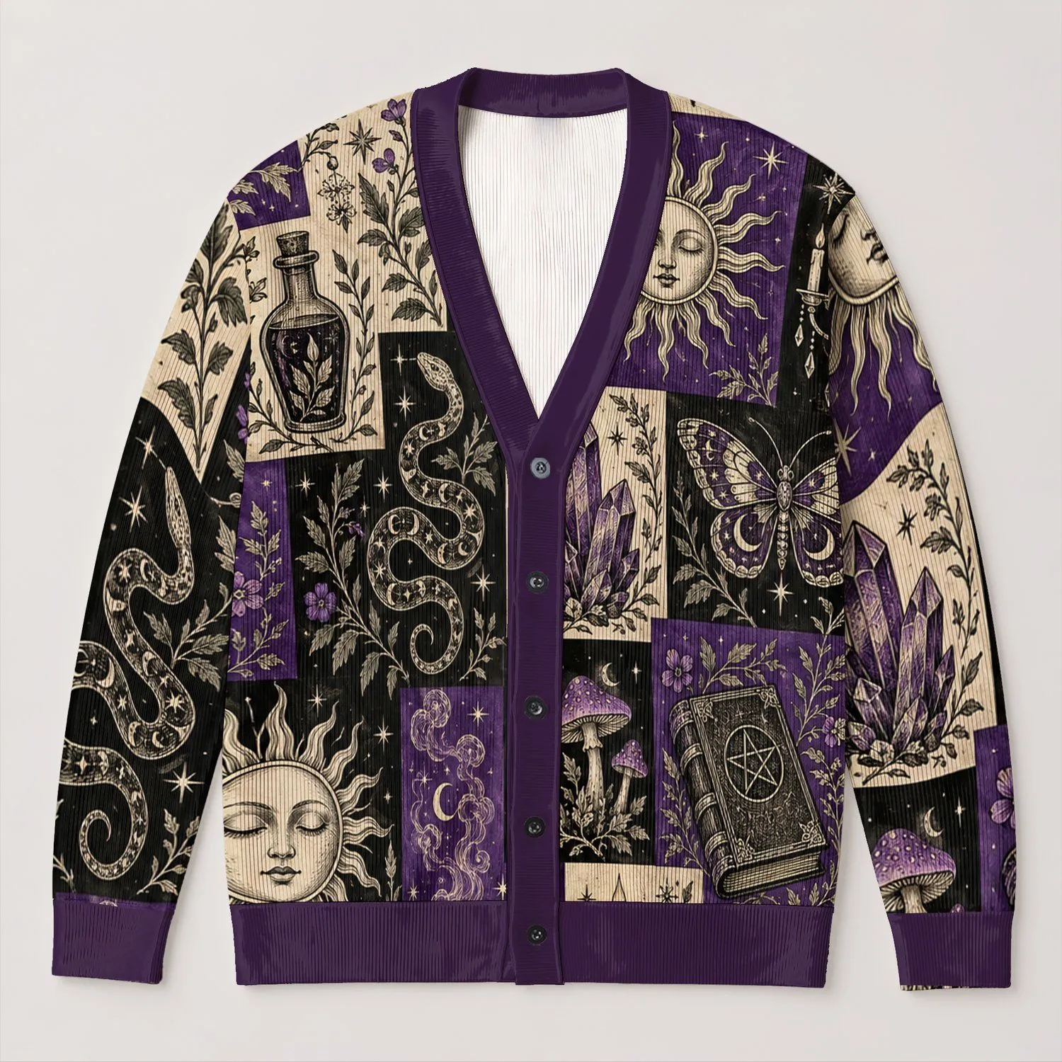Purple Witchy Moon Raven Mushrooms for Autumn Cottagecore Layering and Everyday Wear All-over Print Knitted Cardigan - 1