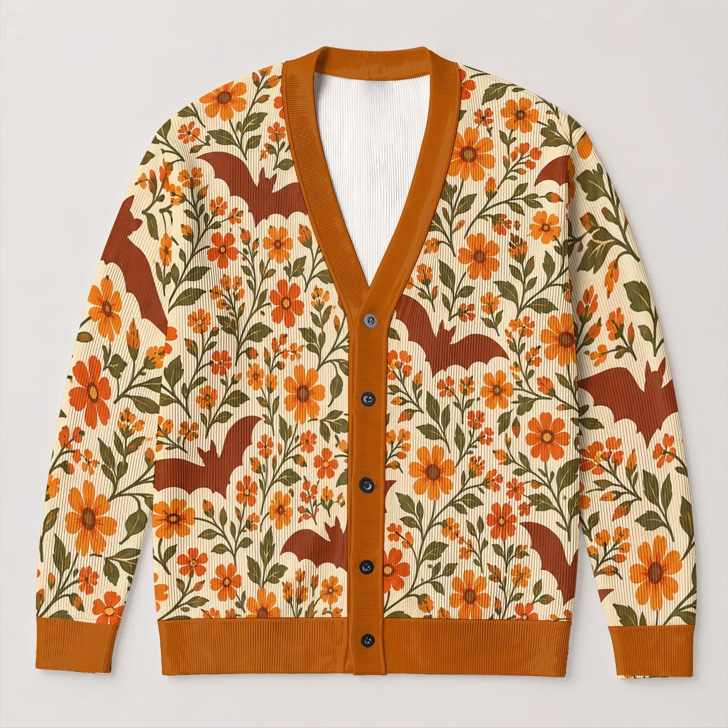 Autumn Bat and Flower Motifs for Cozy Seasonal Everyday Layering All-over Print Knitted Cardigan - 1