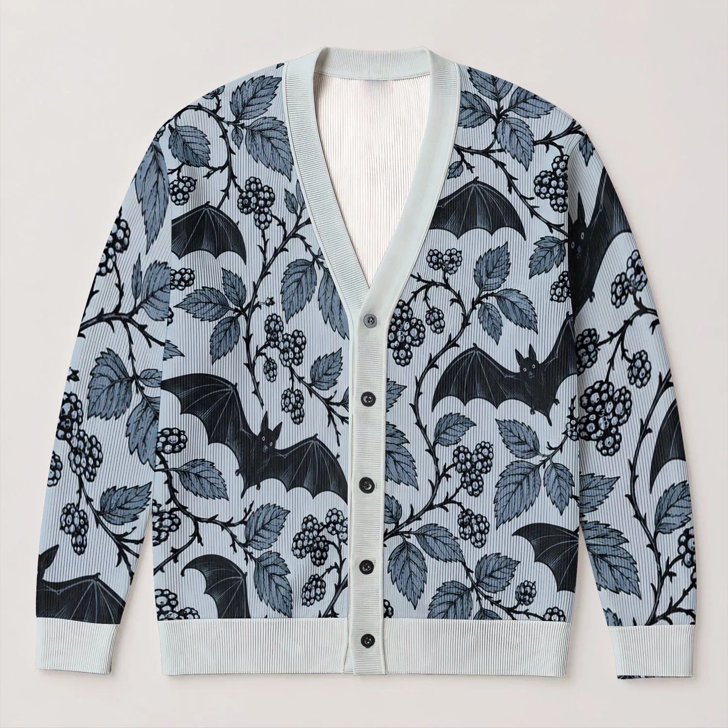 Gothic Bat and Blackberry Botanicals for Autumn Layering and Everyday Dark Academia All-over Print Knitted Cardigan - 1