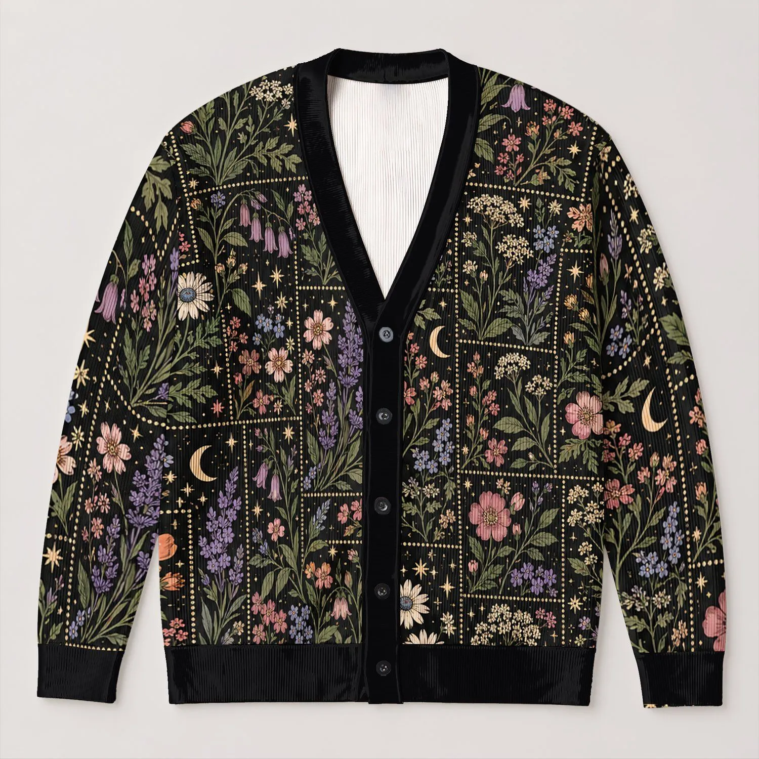 Moonlit Botanical Flowers for Cozy Everyday Layering and Autumn Outfits All-over Print Knitted Cardigan - 1