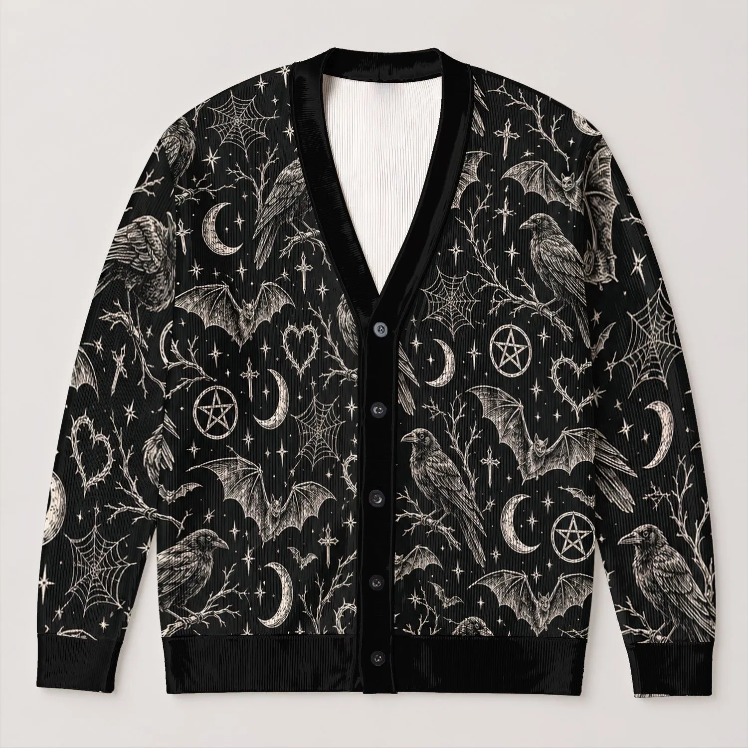 Gothic Raven Bat Moon Motifs for Everyday Occult Style and Teenagers All-over Print Knitted Cardigan - 1