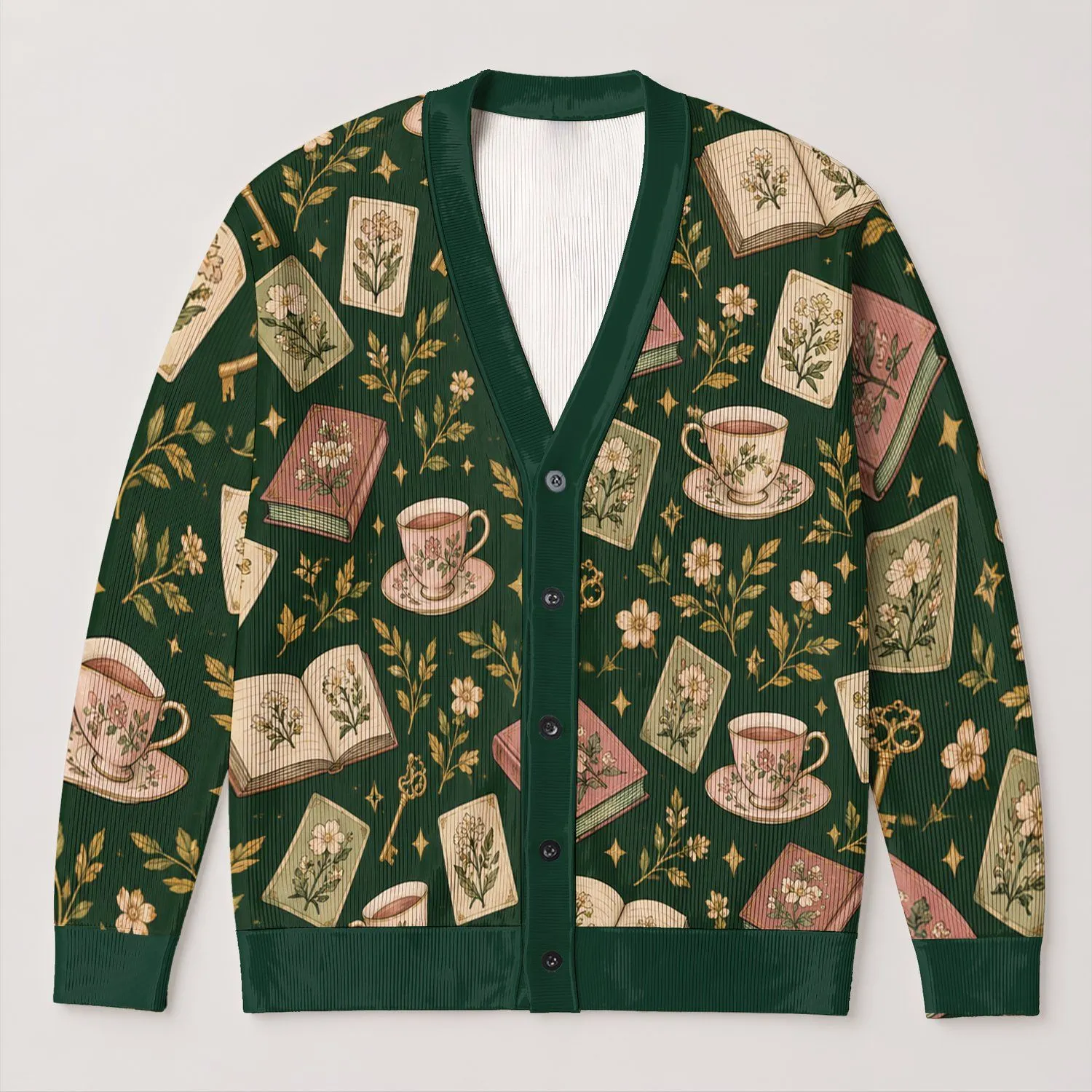 Vintage Teacup And Book Motifs For Cozy Autumn Reading Days And Tea Lover Gifts All-over Print Knitted Cardigan - 1