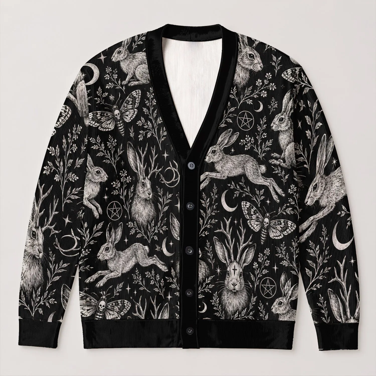 Gothic Moon Rabbit Moth Motifs for Everyday Occult Style and Teenagers All-over Print Knitted Cardigan - 1