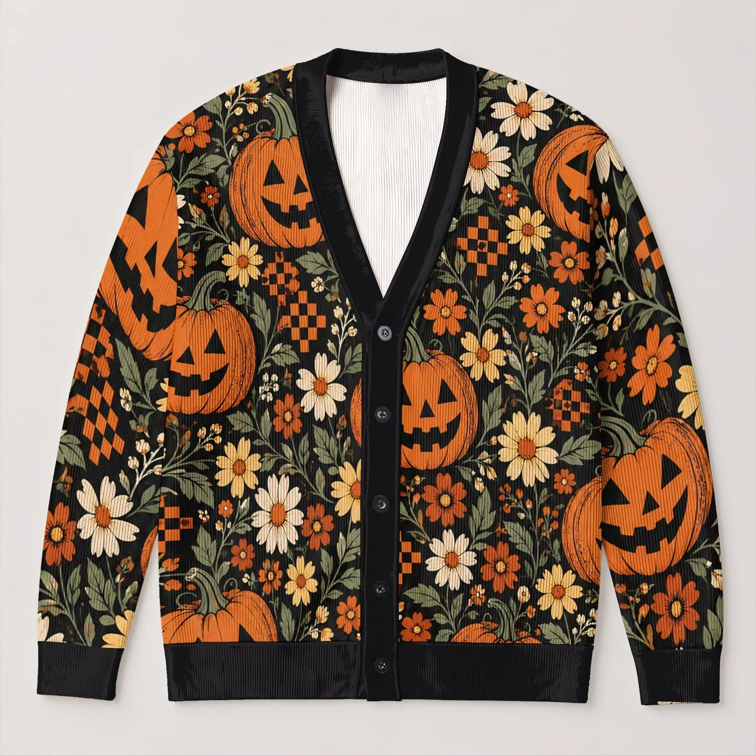 Halloween Jack-O'-Lantern Daisy Flowers for Cozy Autumn Outings and Teen Seasonal Style All-over Print Knitted Cardigan - 1