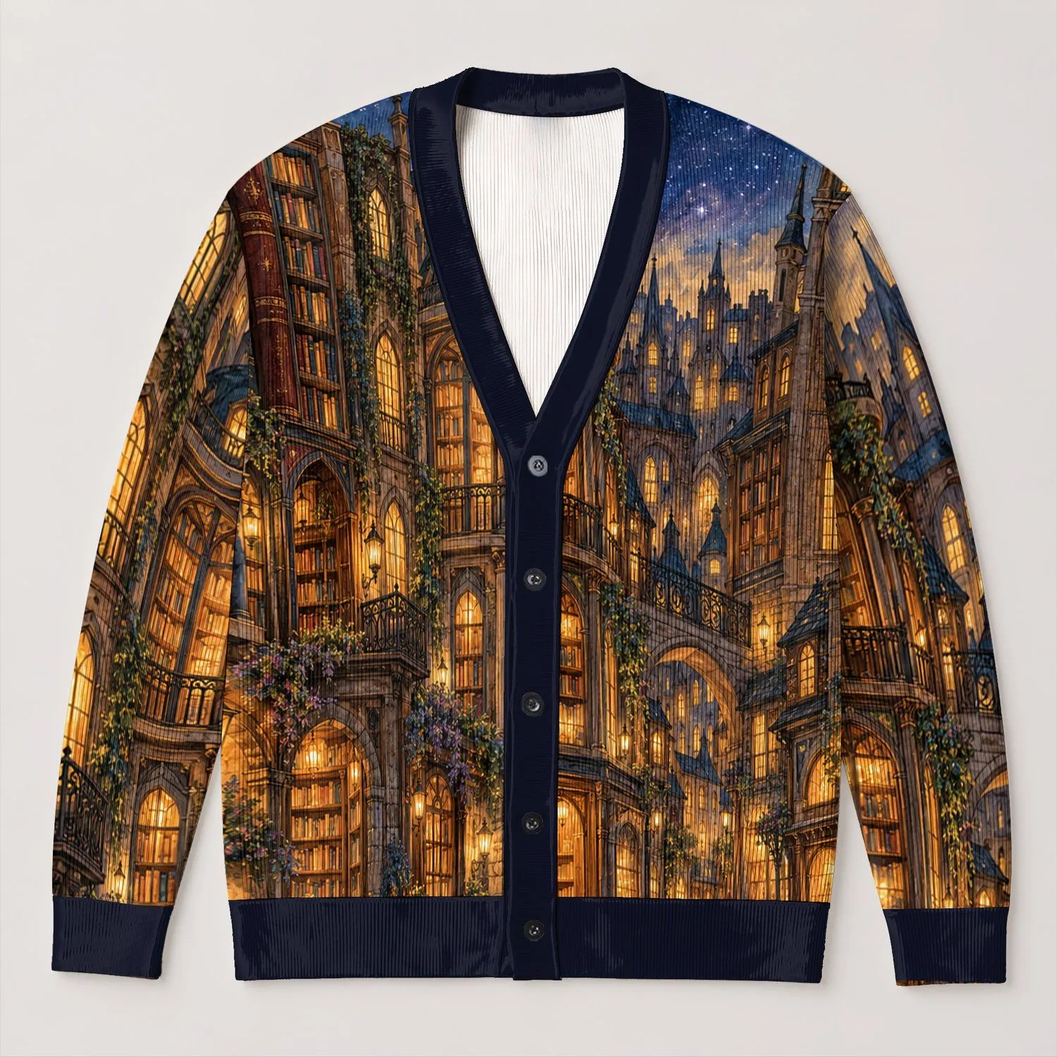 Starry Library Street and Black Cat for Cozy Autumn Evenings All-over Print Knitted Cardigan - 1