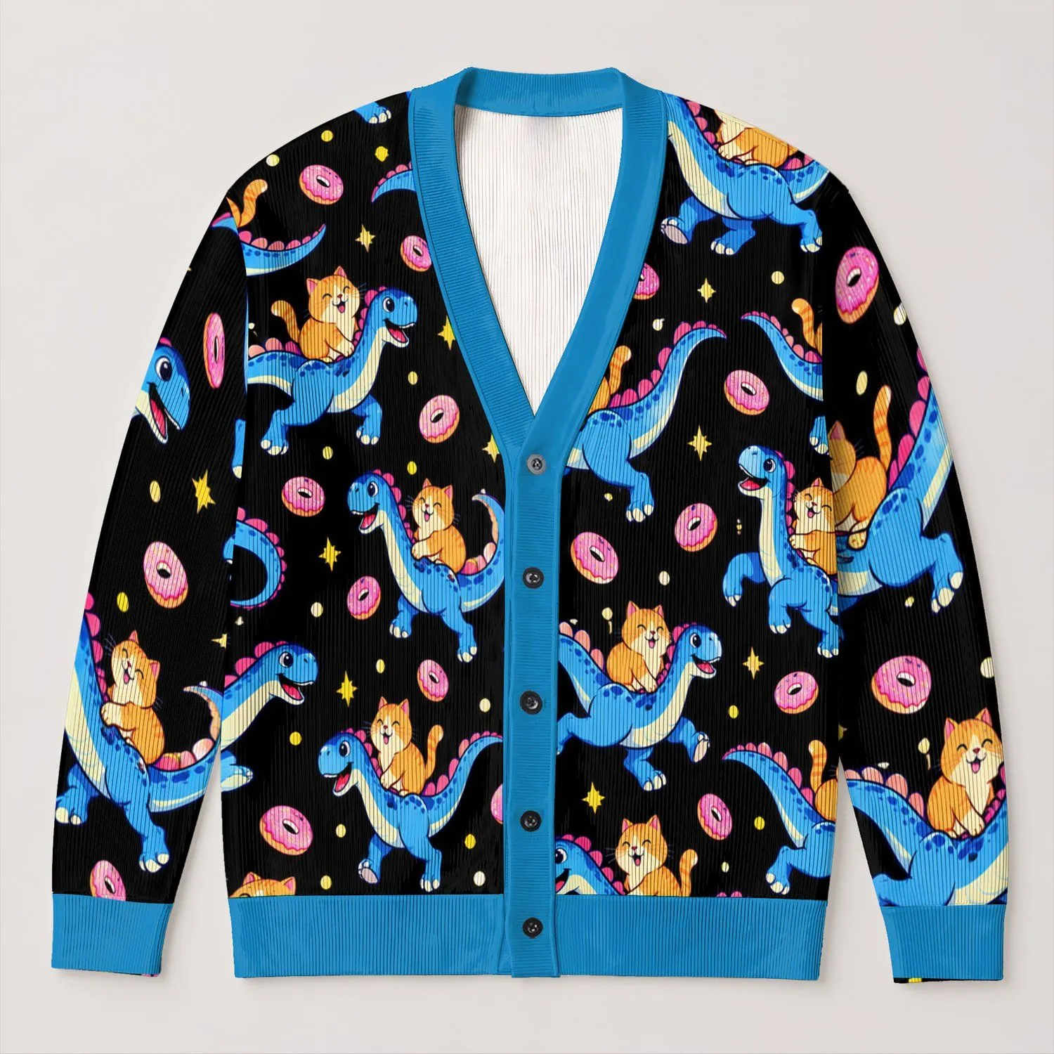 Cute Blue Dinosaur Carrying Orange Cat With Donuts for Halloween Casual Layering Teens All-over Print Knitted Cardigan - 1