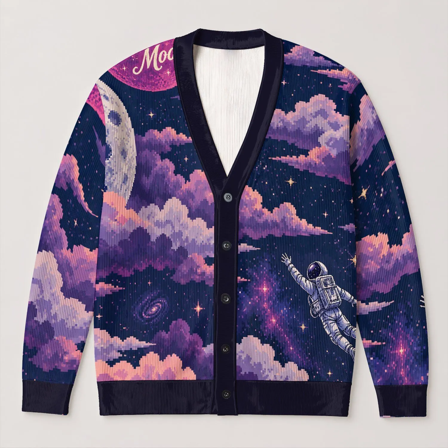 Pixel Astronaut Beneath Violet Clouds for Dreamy Everyday Cosmic Style for Teens All-over Print Knitted Cardigan - 1