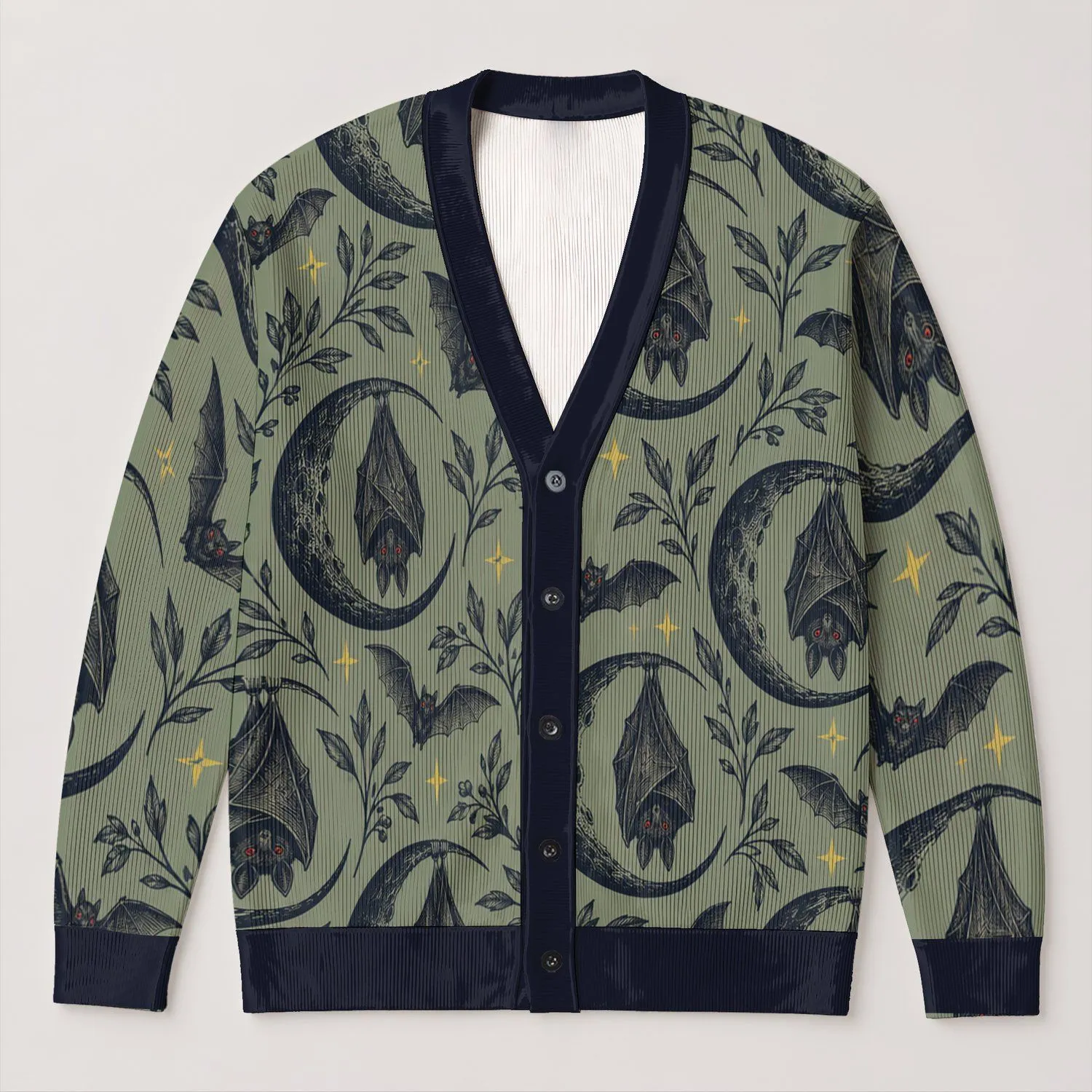 Gothic Crescent Moon Bats And Botanical Night Sky For Everyday Layering Teen Style All-over Print Knitted Cardigan - 1