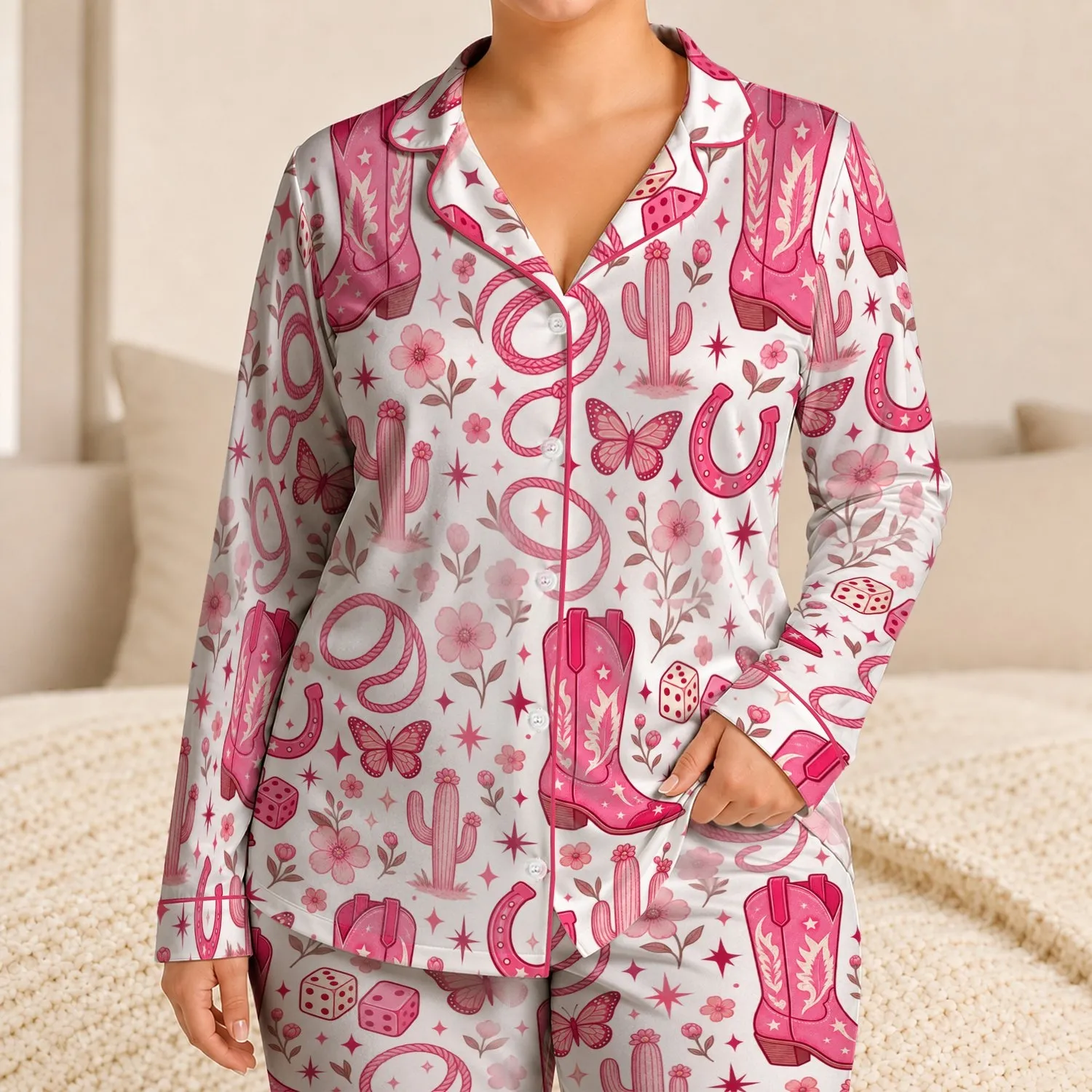 Pink Cowgirl Boots Dice Horseshoes Lasso Motif for Sleepovers and Holidays for Girls Satin Pajamas Set - 1