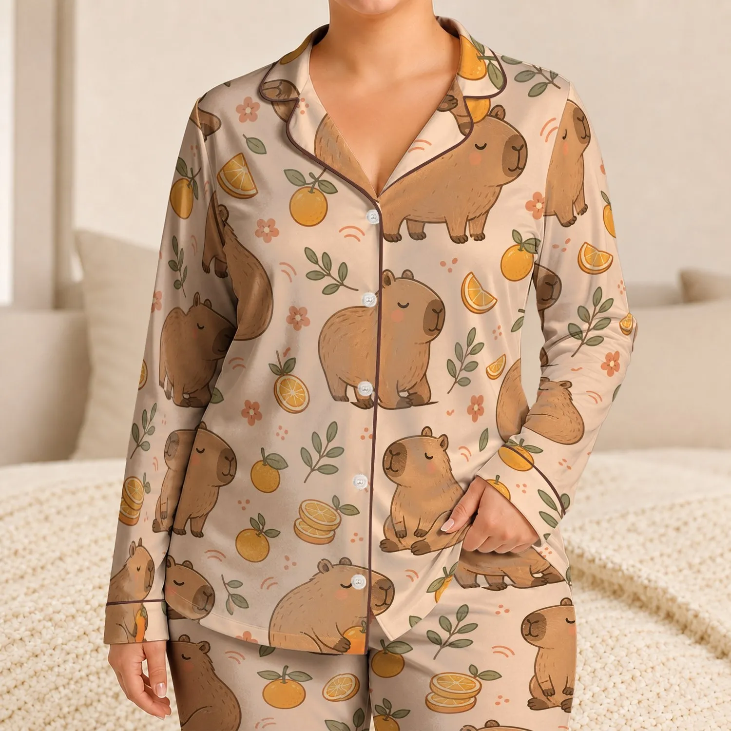 Capybara Citrus Cozy Summer Nighttime Comfort Gift For Boys And Girls Ages 3 To 10 Satin Pajamas Set - 1