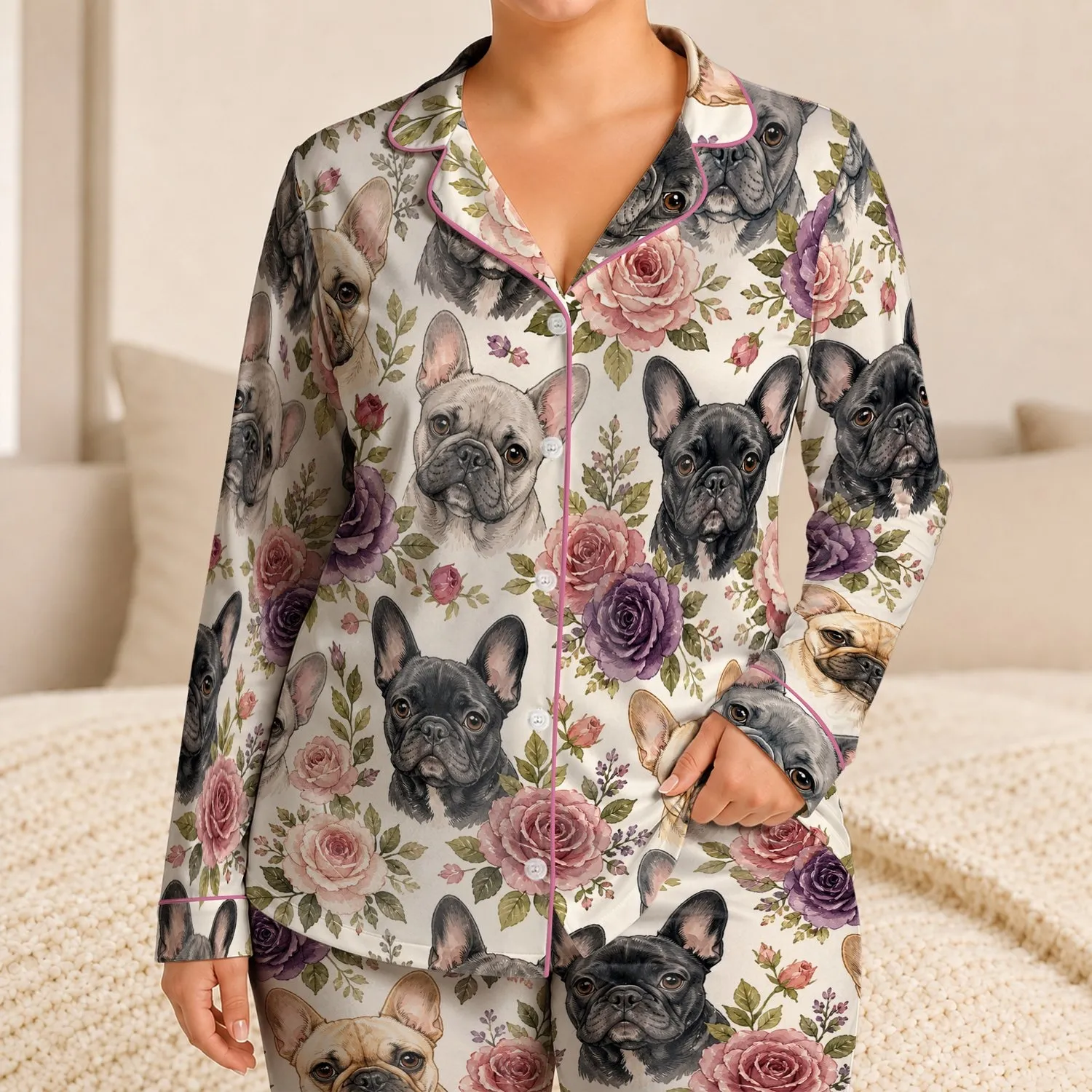 French Bulldog Rose Garden Cozy Lounge Holiday Gift for Dog Lovers and Floral Fans Satin Pajamas Set - 1