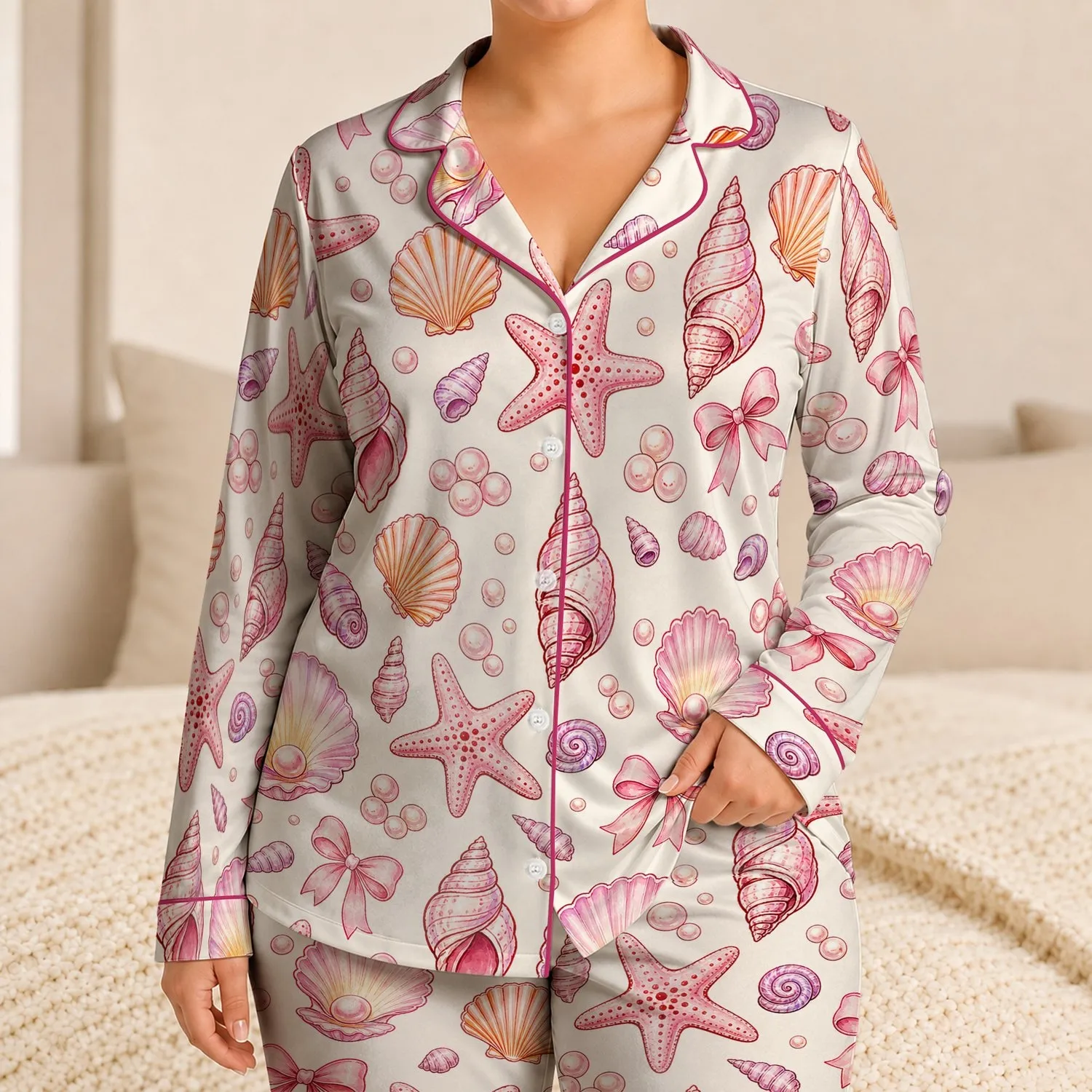 Coastal Shell Starfish Bow Motifs for Summer Vacations and Beach Holidays for Women Satin Pajamas Set - 1
