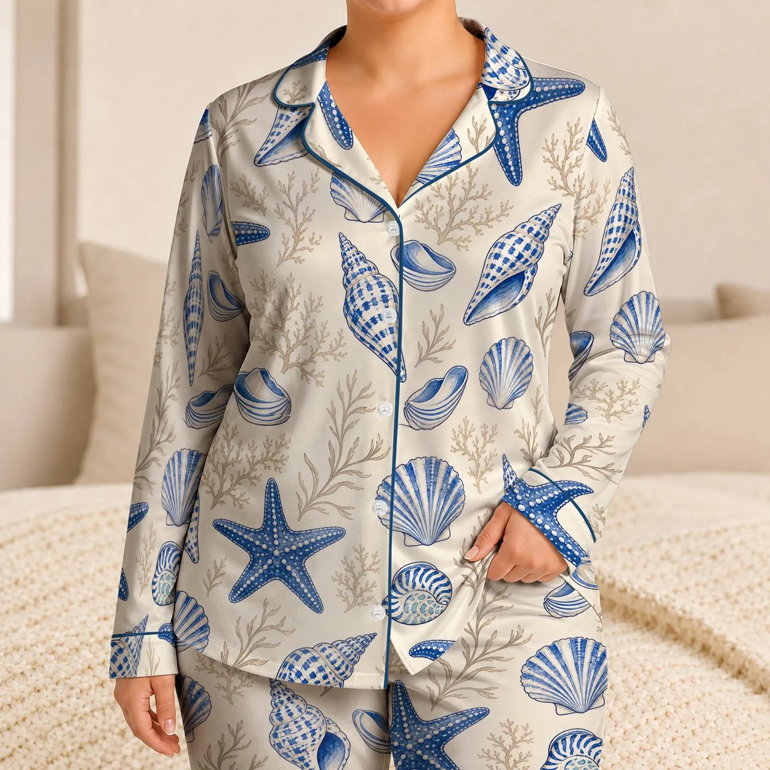 Coastal Conch Starfish Shells for Beach Holidays, Summer Travel, and Vacation Gifts Satin Pajamas Set - 1