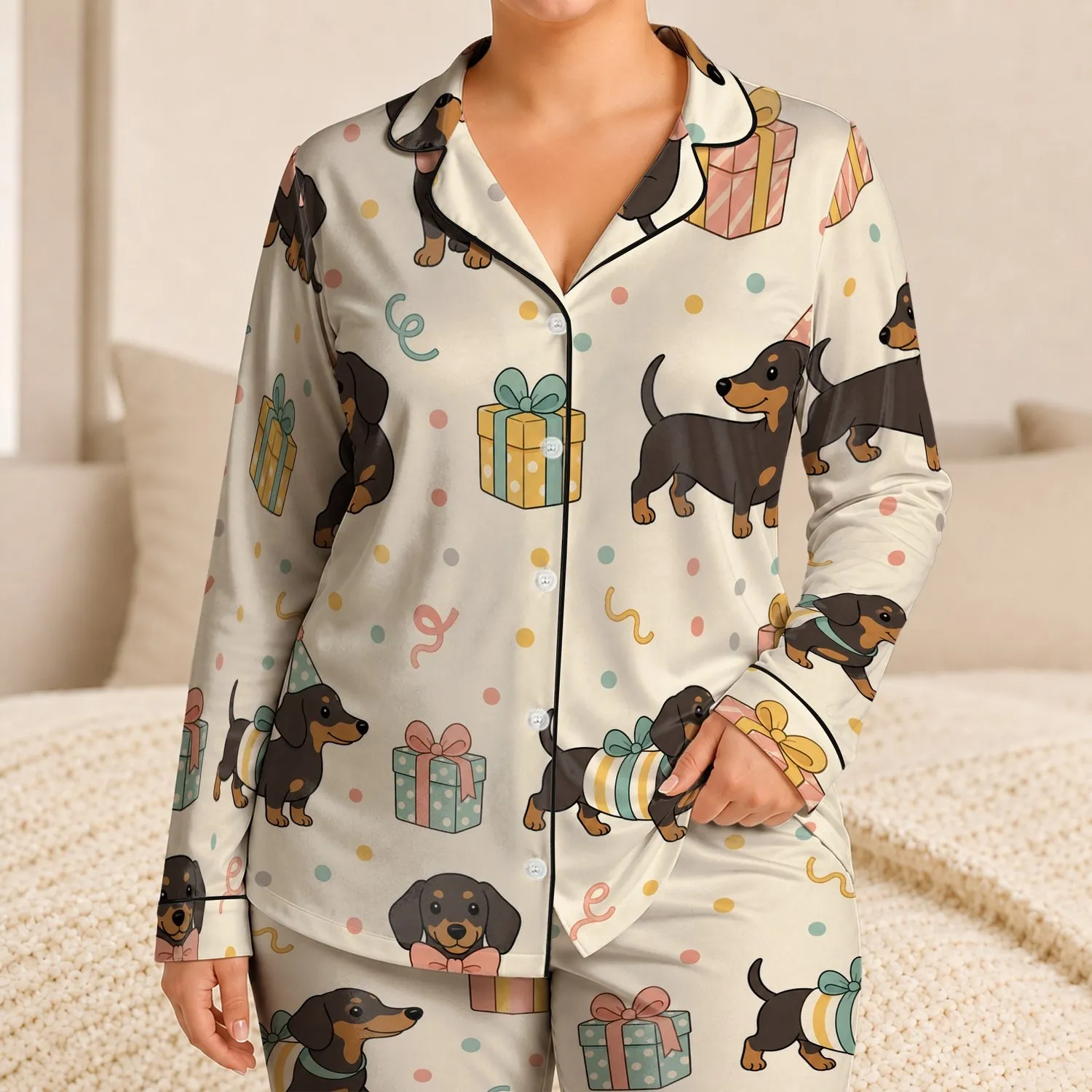Cute Dachshund Gift Motif for Cozy Holiday Lounge Style, Soft Boutique Home Wear Satin Pajamas Set - 1