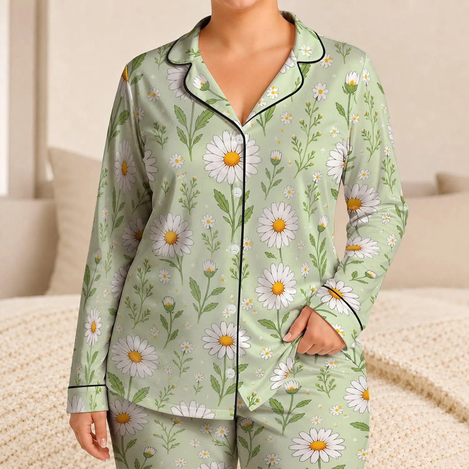 Mint Daisy Meadow Florals For Cozy Spring Evenings, Garden Gift For Women And Moms Satin Pajamas Set - 1