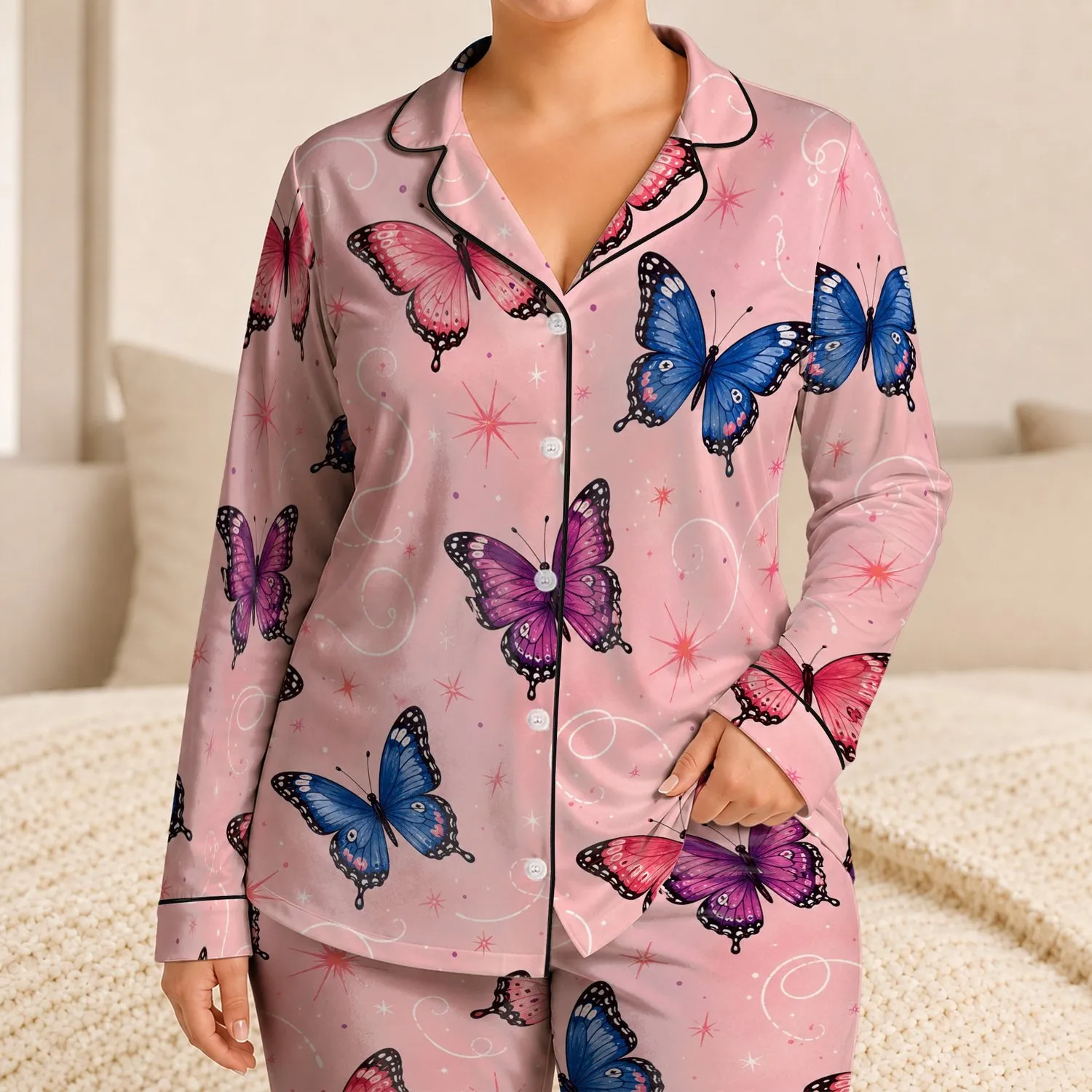 Blush Butterfly Loungewear for Cozy Nights, Travel, and Gift Giving for Women Everyday Satin Pajamas Set - 1