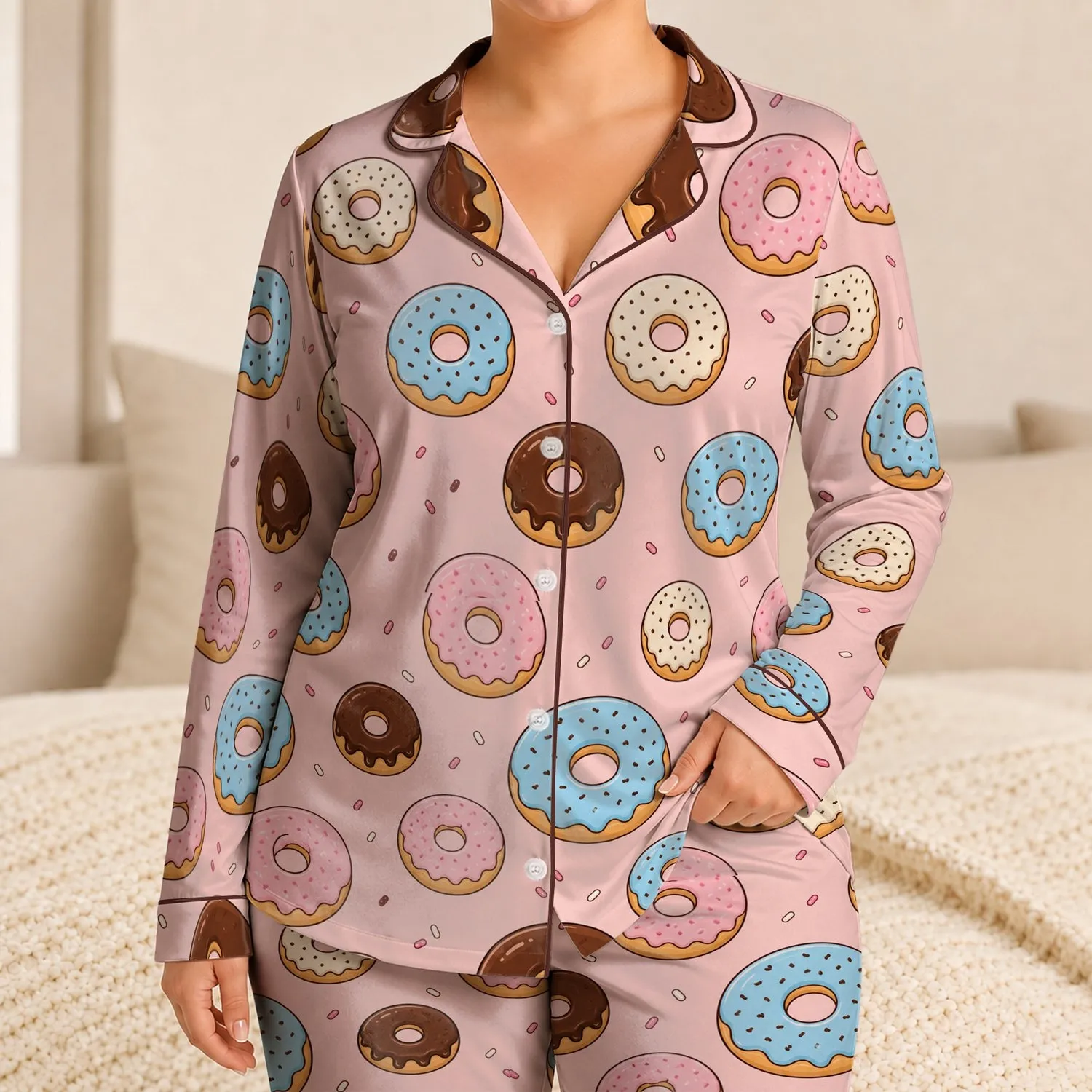 Pastel Donut Treats For Cozy Bedtime, Sweet At-Home Relaxation, And Women's Gifts For Her Satin Pajamas Set - 1