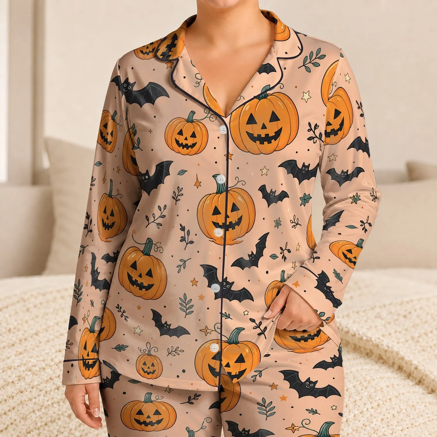 Halloween Bats and Pumpkin Motifs for Cozy October Nights, Lounging, and Gifting Satin Pajamas Set - 1