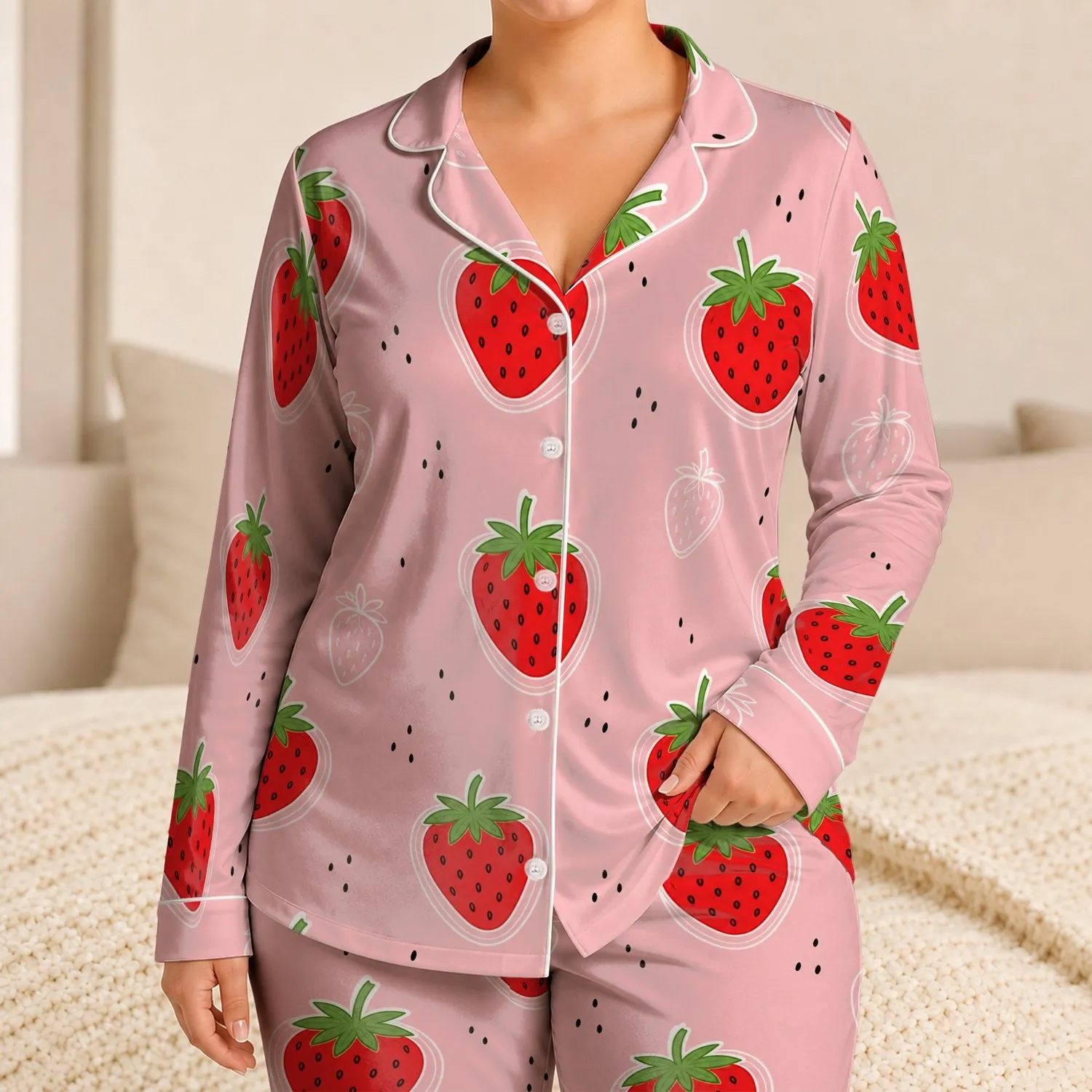 Sweet Strawberry Scatter For Cozy Spring Nights, Giftable Soft Berry Style For Her Satin Pajamas Set - 1