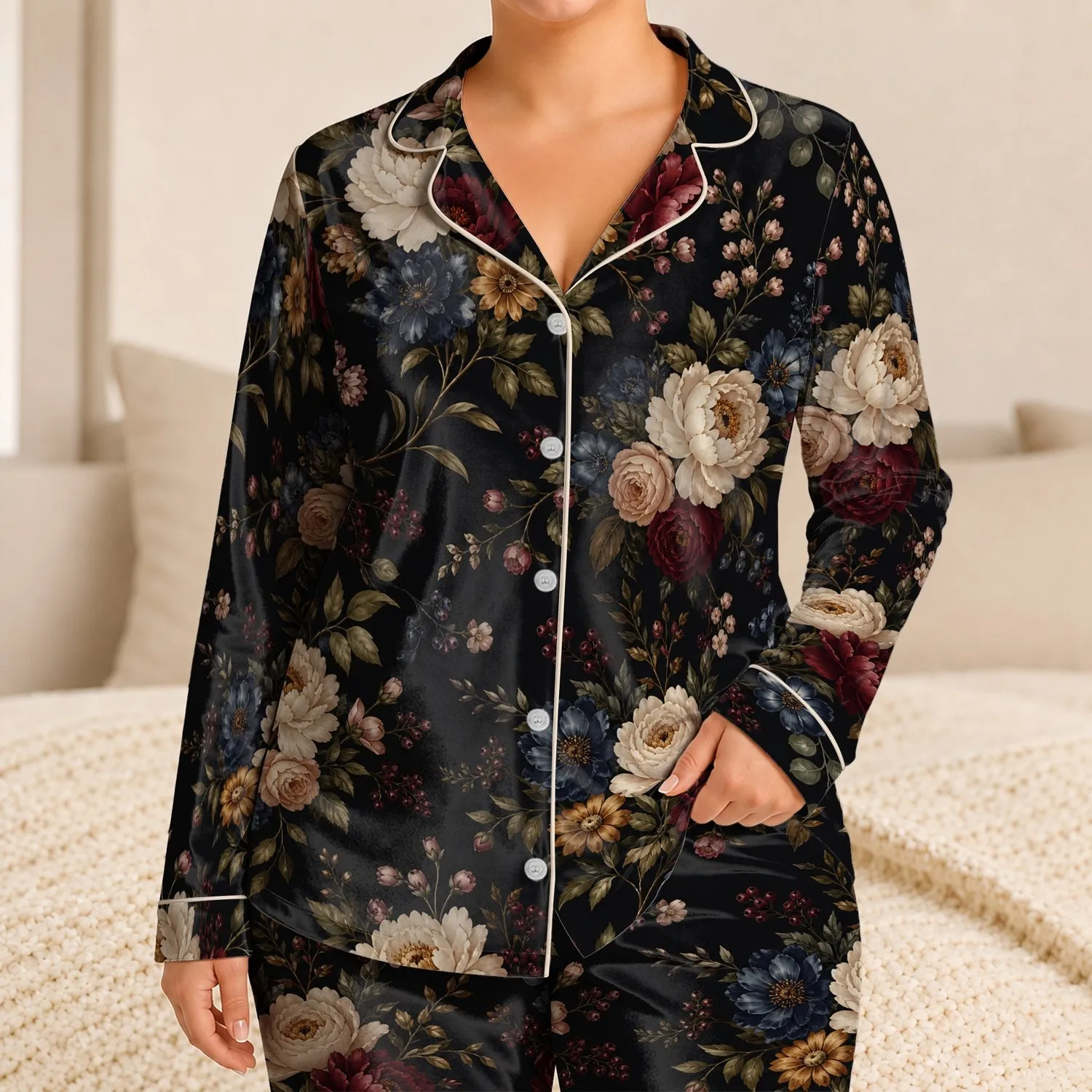 Moody Peony Blooms for Cozy Nights, Relaxed Lounging, Women's Evening Comfort At Home Satin Pajamas Set - 1