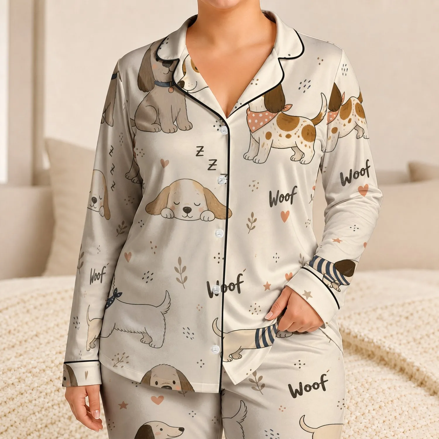 Cartoon Dog Bedtime Loungewear For Cozy Home Nights, Women's Relaxed Sleep Style Satin Pajamas Set - 1