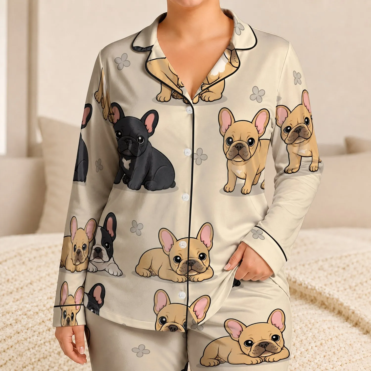 Cute French Bulldog Clover Motif for Cozy Nights and Weekend Lounging for Dog Lovers Satin Pajamas Set - 1