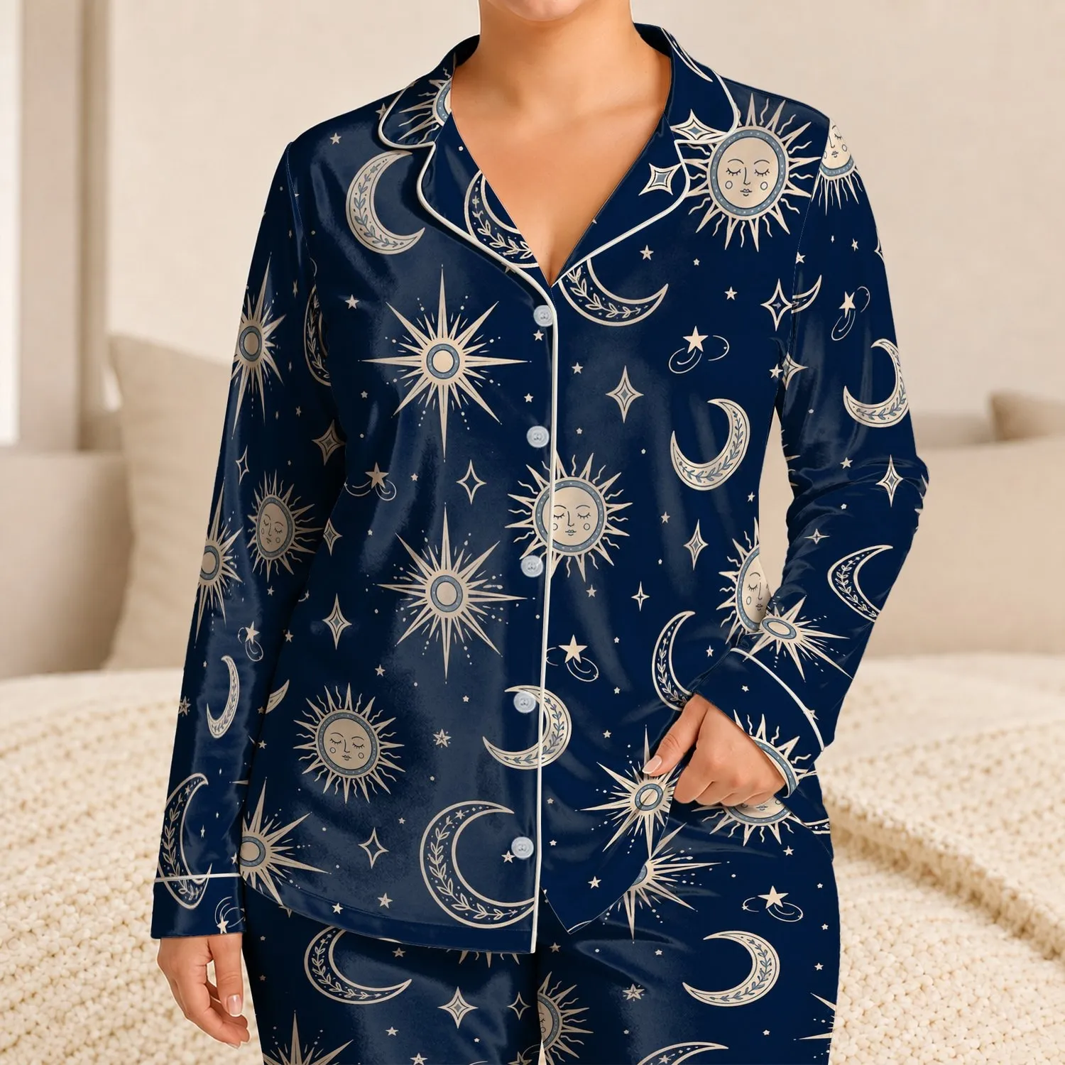 Midnight Navy Crescent Moon And Starburst Sleepwear For Cozy Nighttime Rituals At Home Satin Pajamas Set - 1