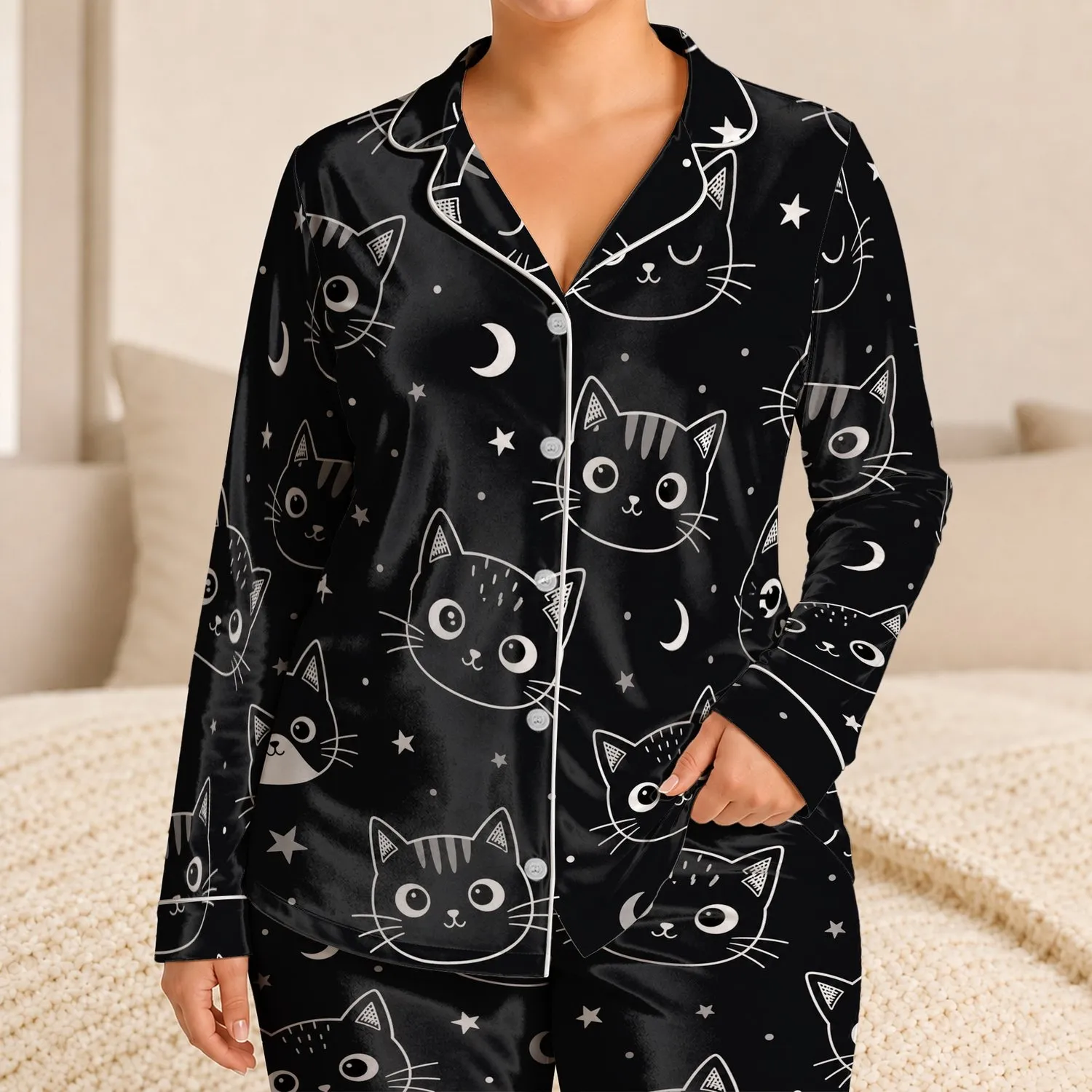 Black And White Cat Face Lounge Gift For Cozy Nights At Home, For Women And Teens Satin Pajamas Set - 1