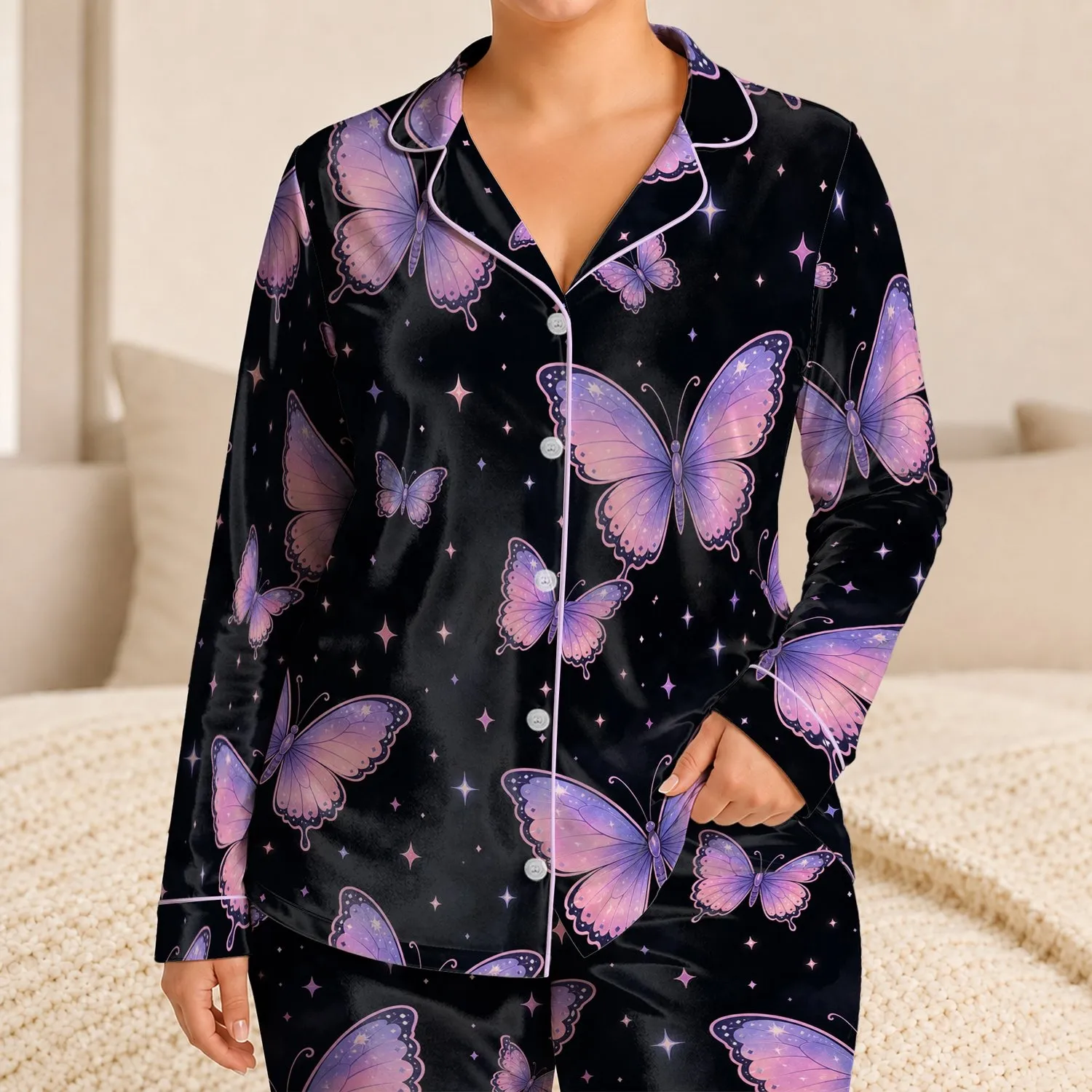 Dreamy Butterfly Motif Moonlit Bedtime Gift for Women, Teens, and Sleepy Weekends Satin Pajamas Set - 1