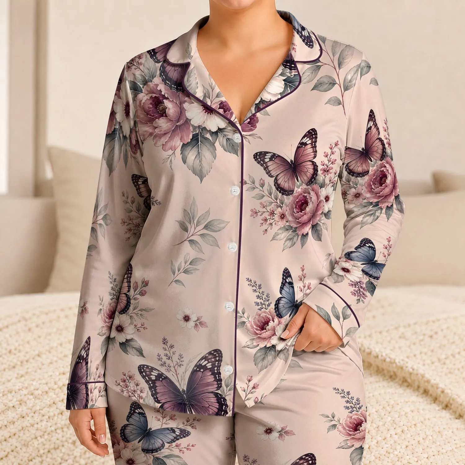 Blush Butterfly Blossom Nightwear for Cozy Evenings, Lounging, and Gift Giving for Women Satin Pajamas Set - 1